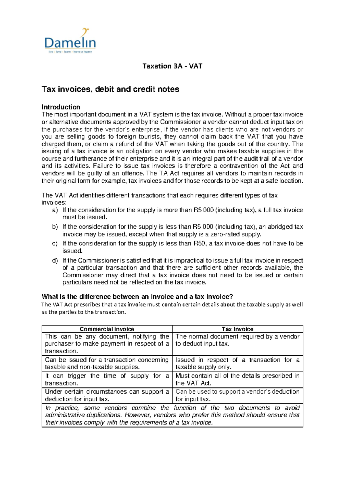 VAT Additional Notes 2023 - Taxation 3 A - VAT Tax invoices, debit and ...