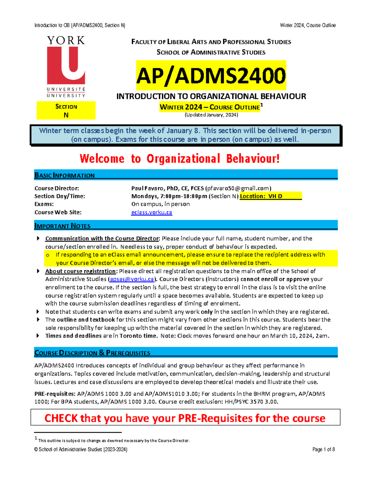 Course Outline for ADMS2400: Introduction to Organizational Behaviour ...