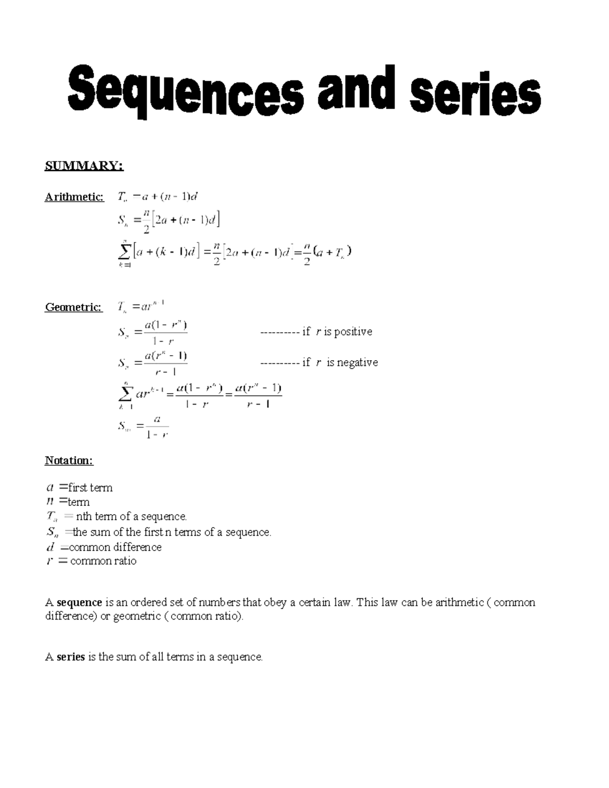 SUMMARY: Sequences and Series Concepts and Practice Questions - Studocu