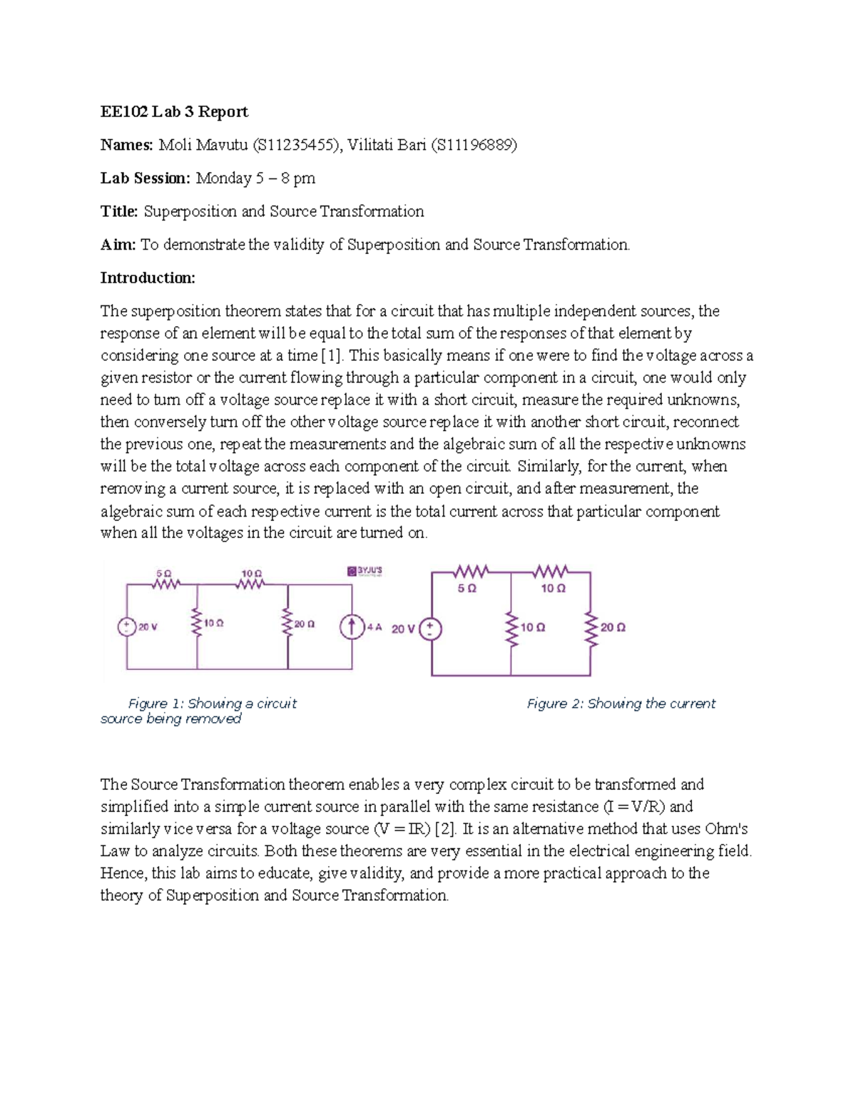 EE102 Lab 3: Superposition & Source Transformation Report - Studocu