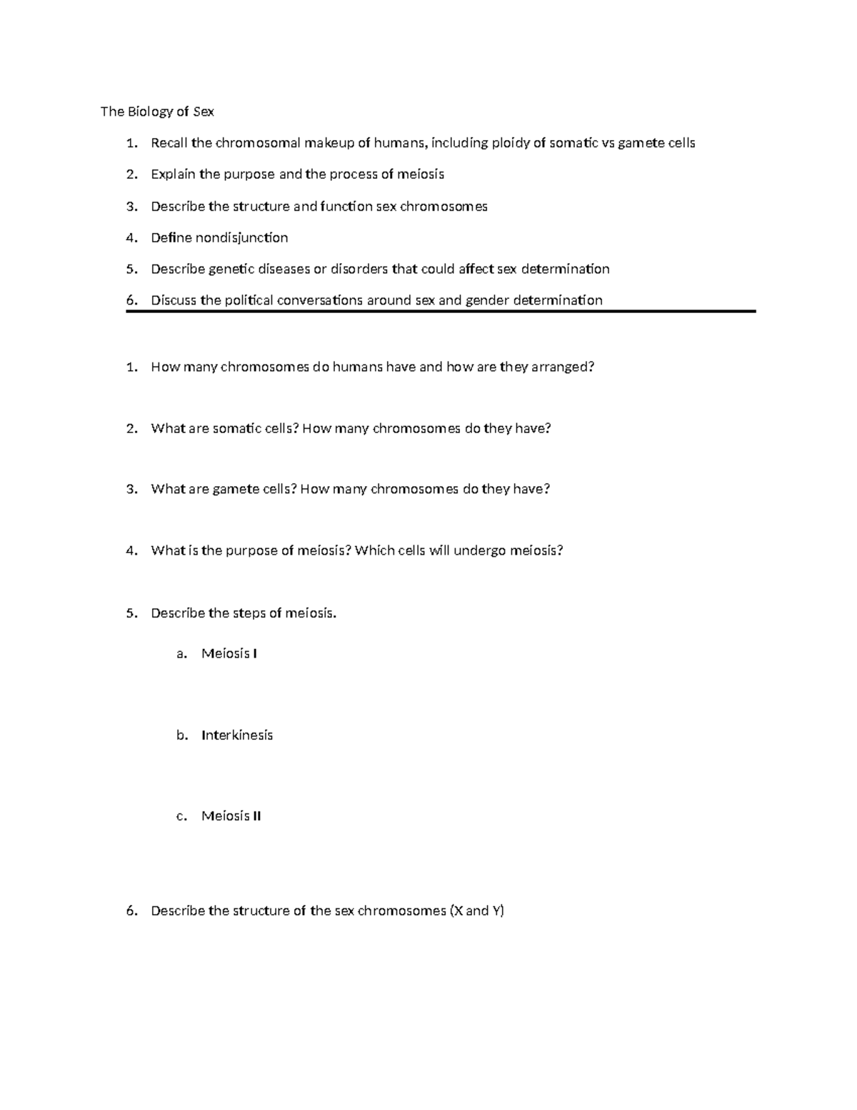 The Biology of Sex Mini-Lecture Student - The Biology of Sex 1. Recall ...