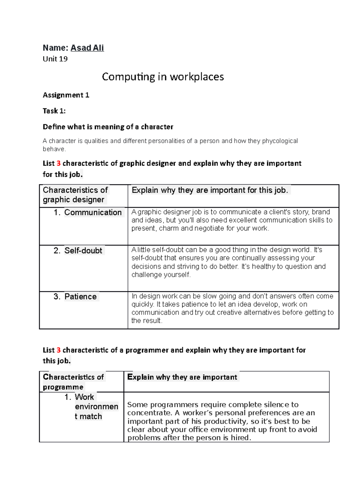 Unit 19 Computing in Workplaces: Sample Assignment 1 - Studocu