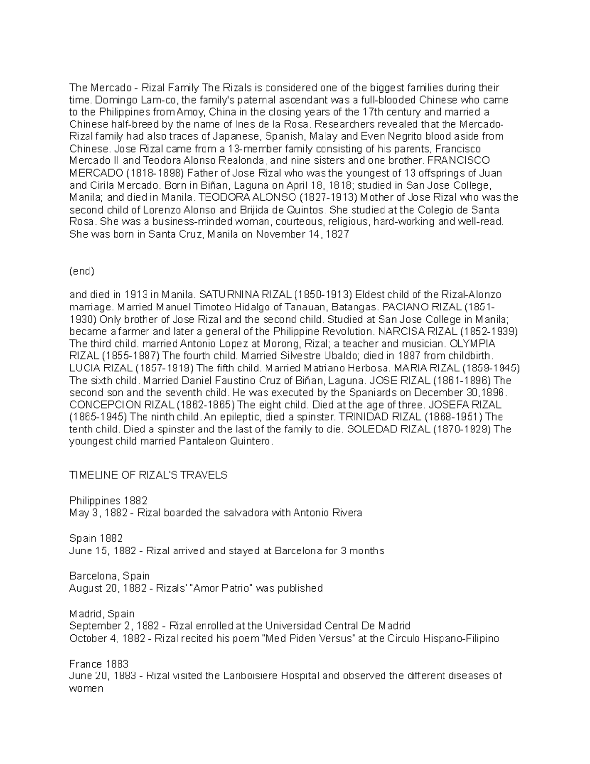RIZAL031 LIFE AND Works OF Rizal Notes Part 2 - The Mercado Rizal ...