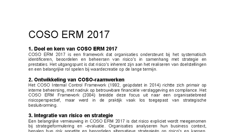 COSO ERM 2017 - Uitleg en Kernprincipes van het Framework - Studeersnel