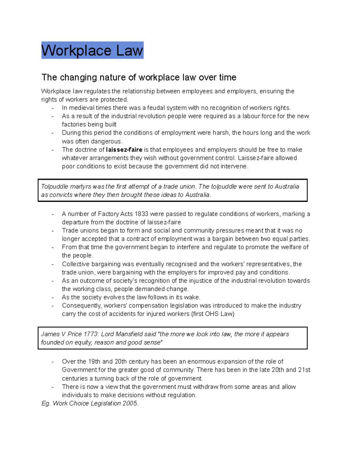 HSC Legal - Final Exam Notes on Workplace Law and Evolution of ...