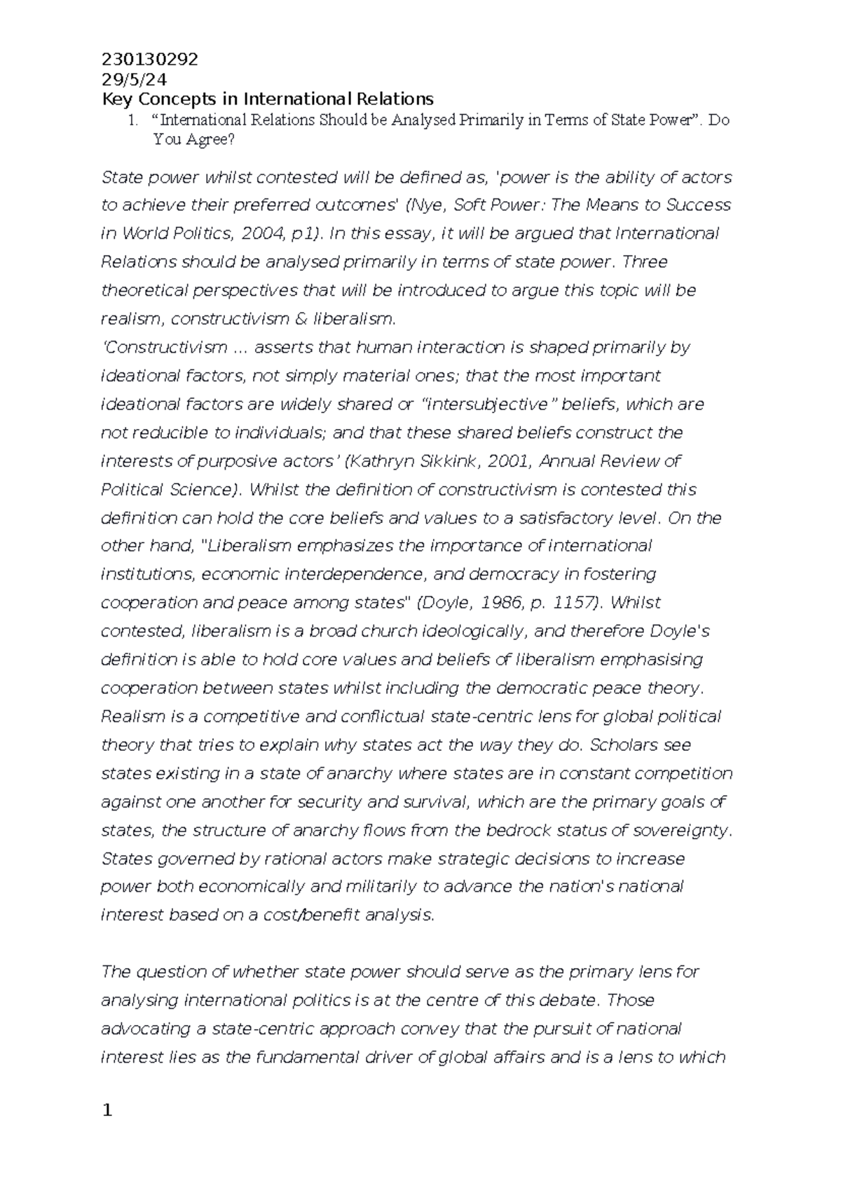 Key Concepts in Int'l Relations: State Power Analysis (IR 29524) - Studocu