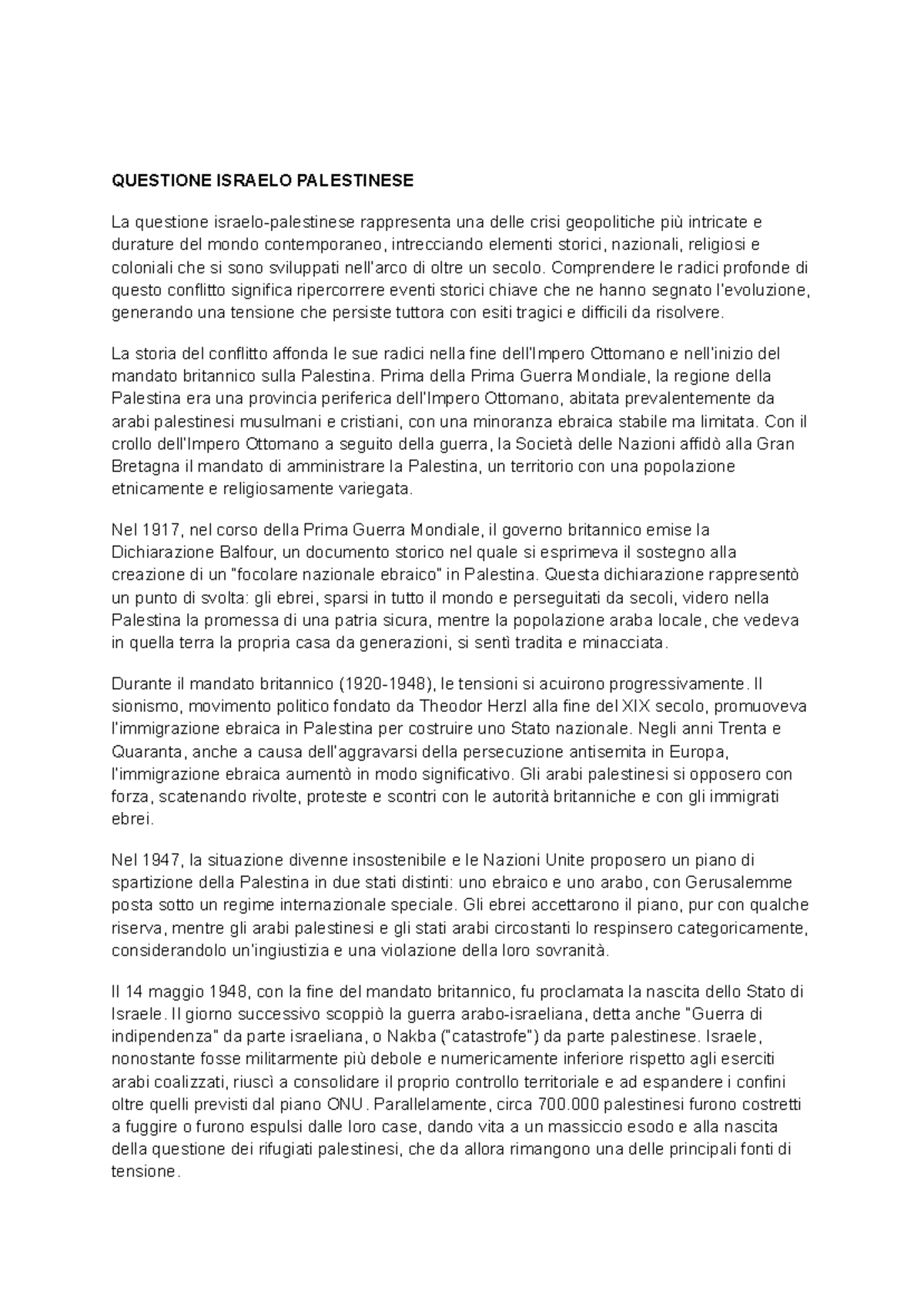 La Questione Israelo-Palestinese: Storia e Conflitti (CORSO: STORIA 101 ...