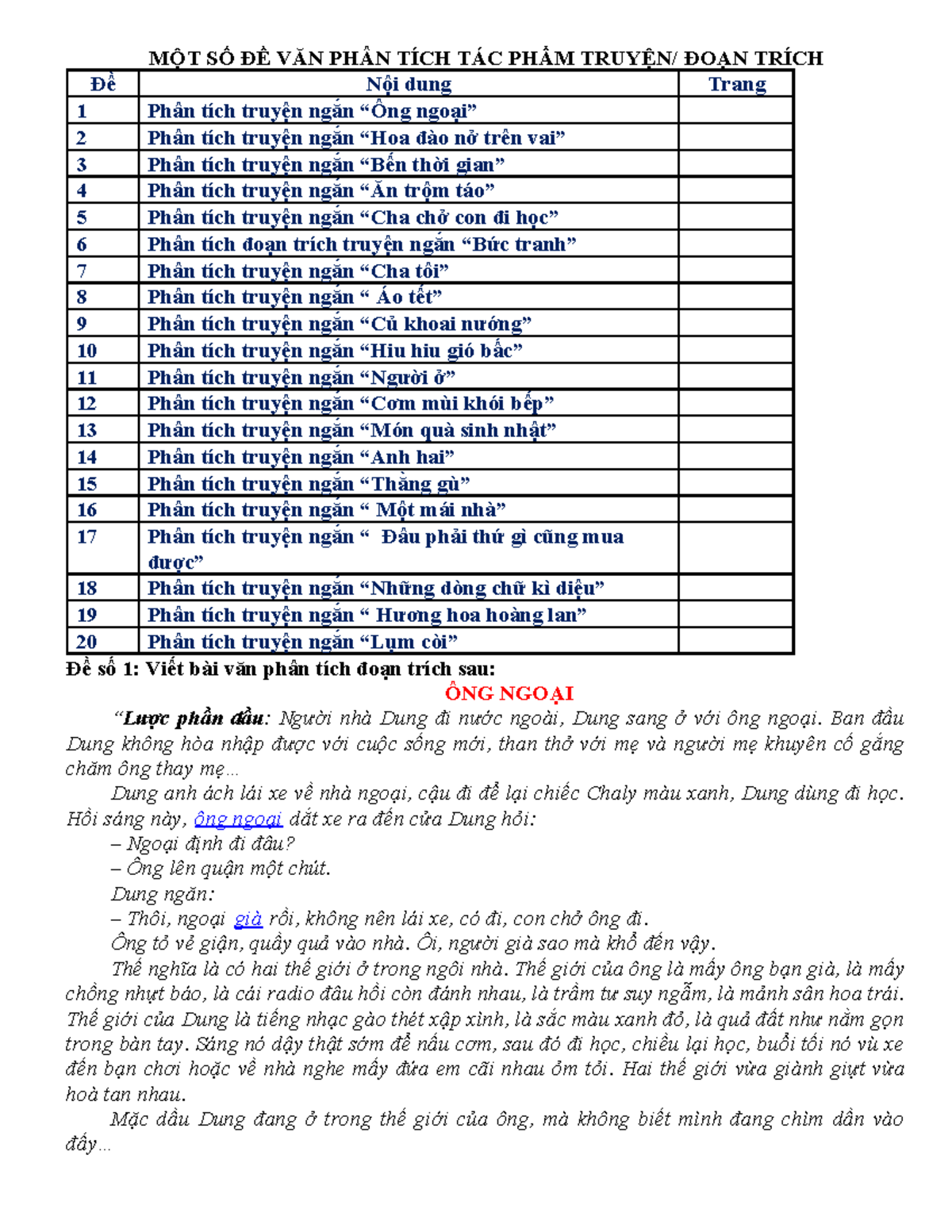 MỘT SỐ ĐỀ VĂN PHÂN TÍCH TÁC PHẨM TRUYỆN NGẮN - Document Preview
