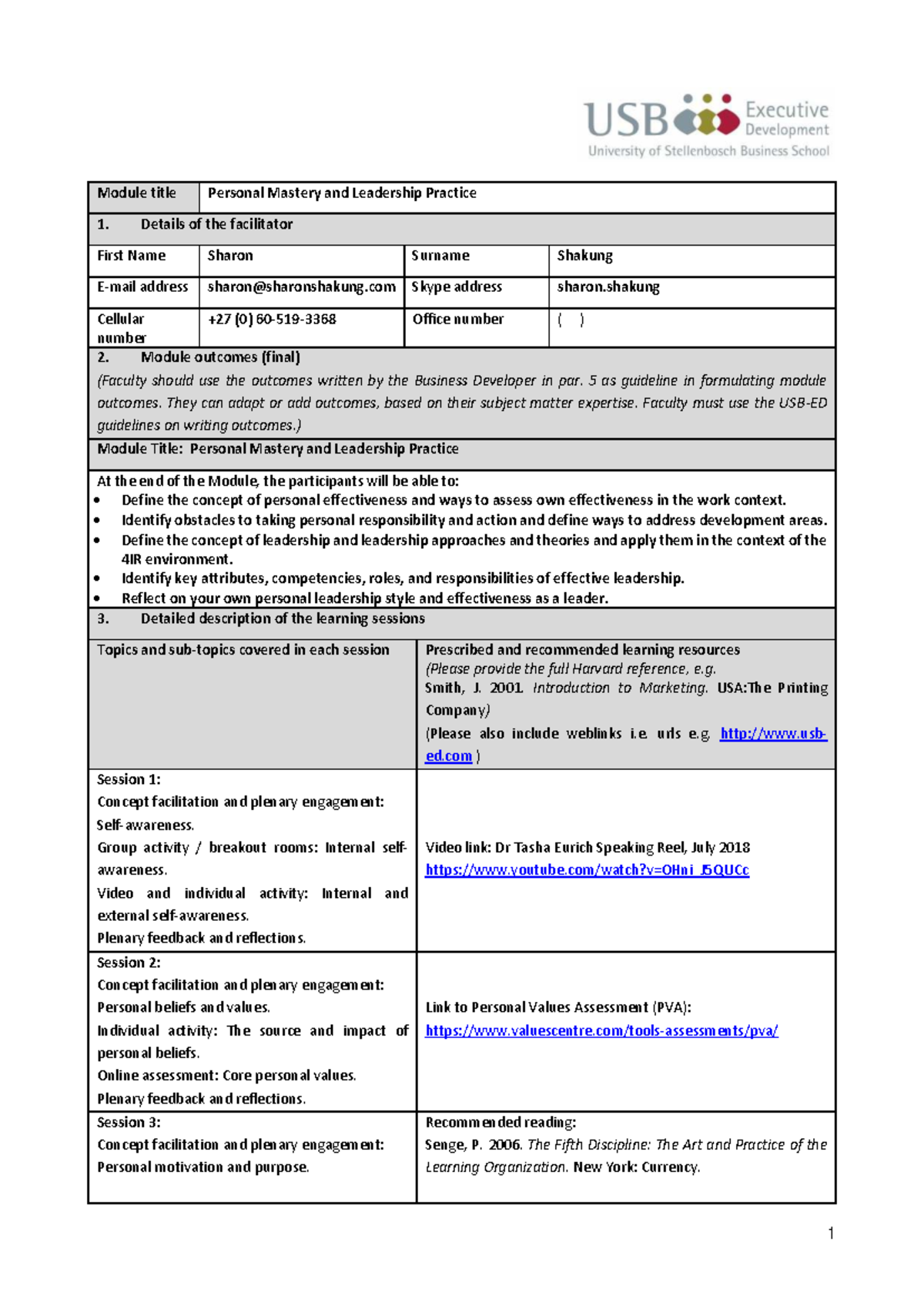 Personal Mastery and Leadership Practice Module Outline (Module 1 ...
