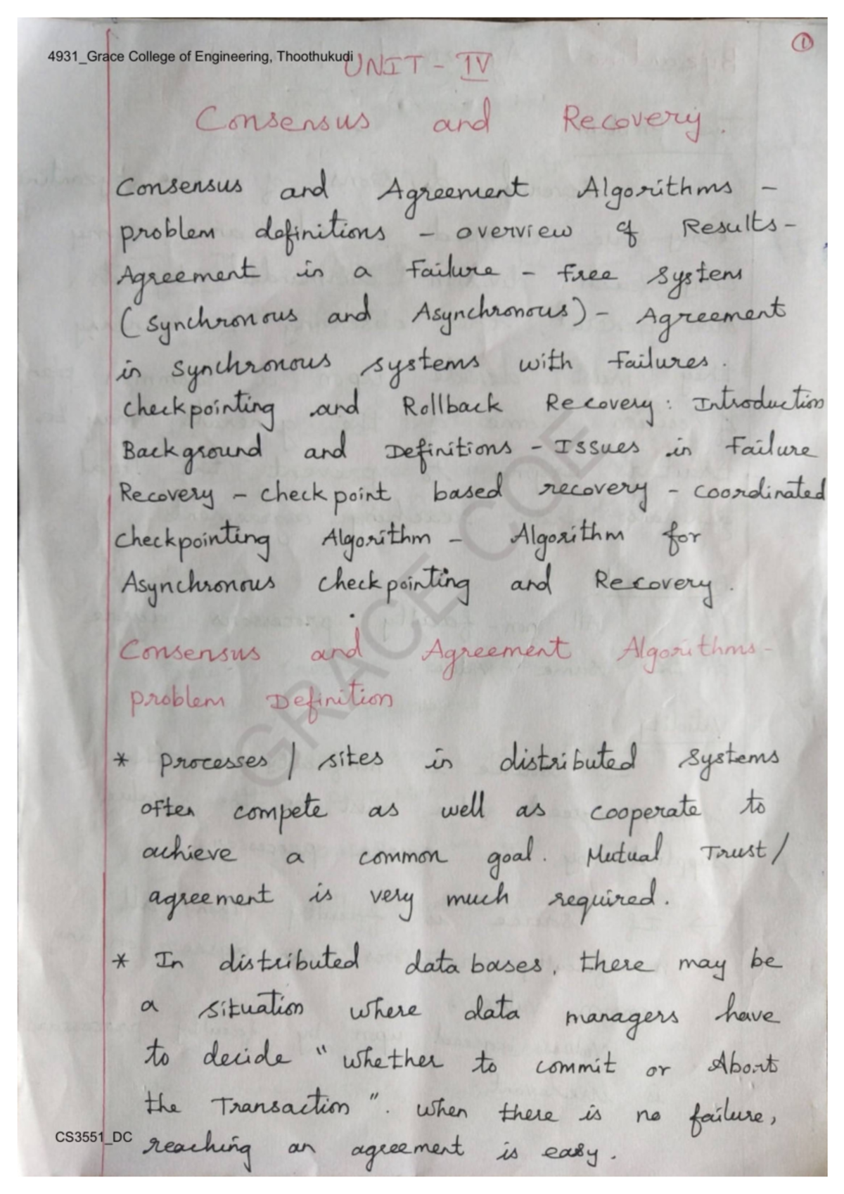 V CSE CS3551 DC Unit-4 - Lecture notes - l 4931_Grace of College ...