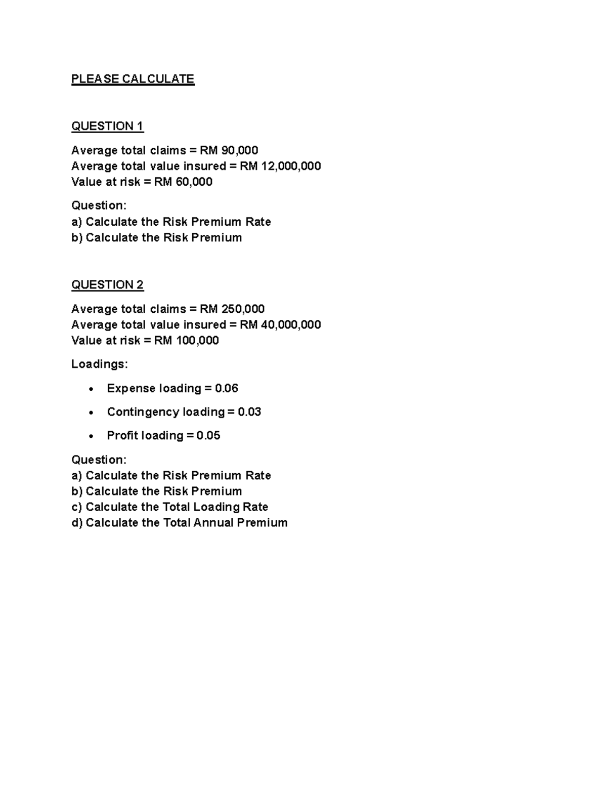 Calculating Risk Premiums and Loadings for Insurance Cases - Studocu
