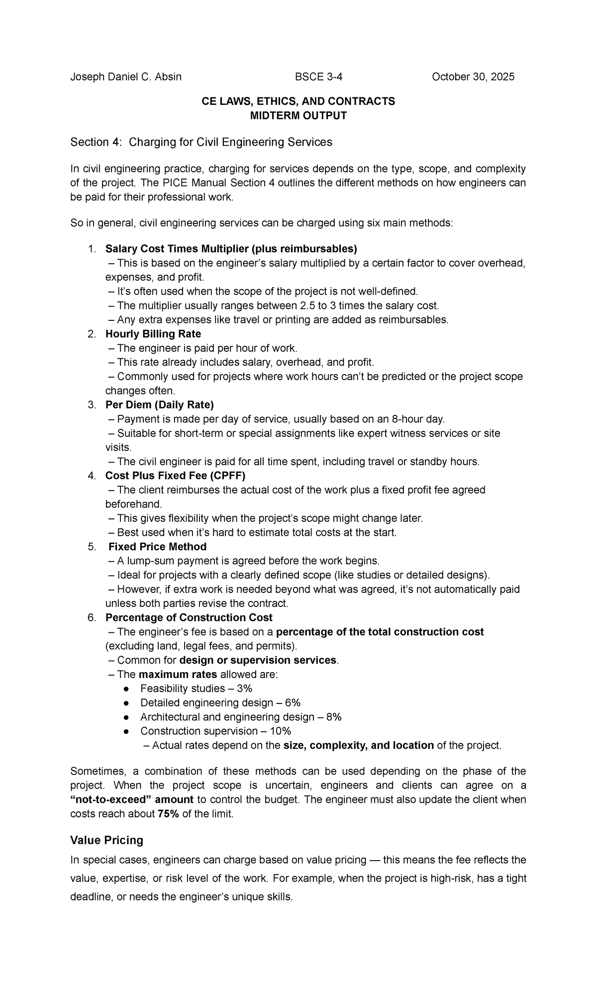 CE LAWS, ETHICS, AND CONTRACTS MIDTERM OUTPUT: Charging for Services ...