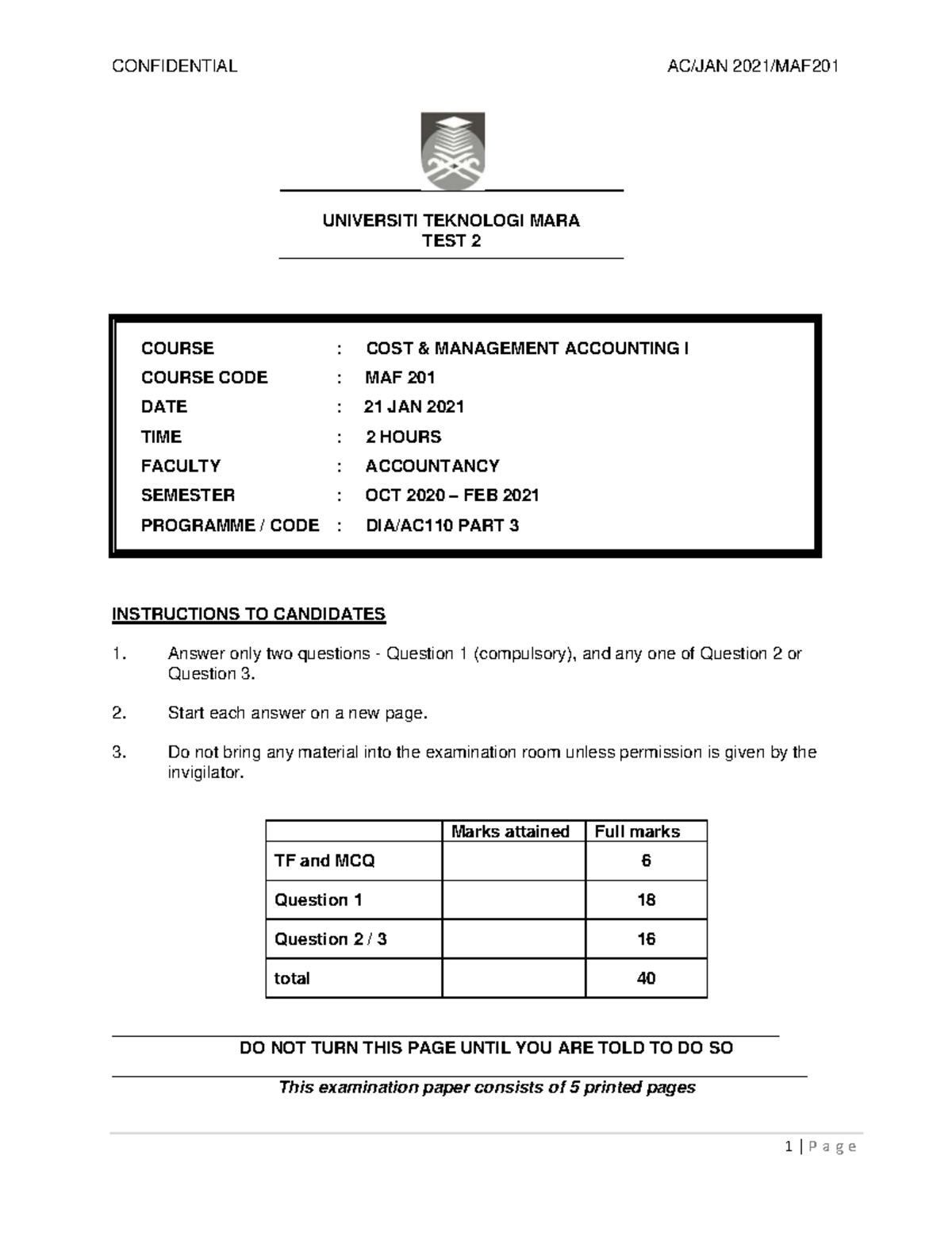 TEST 2 MAF 201 JAN 2021: Cost Management Accounting Exam - Studocu