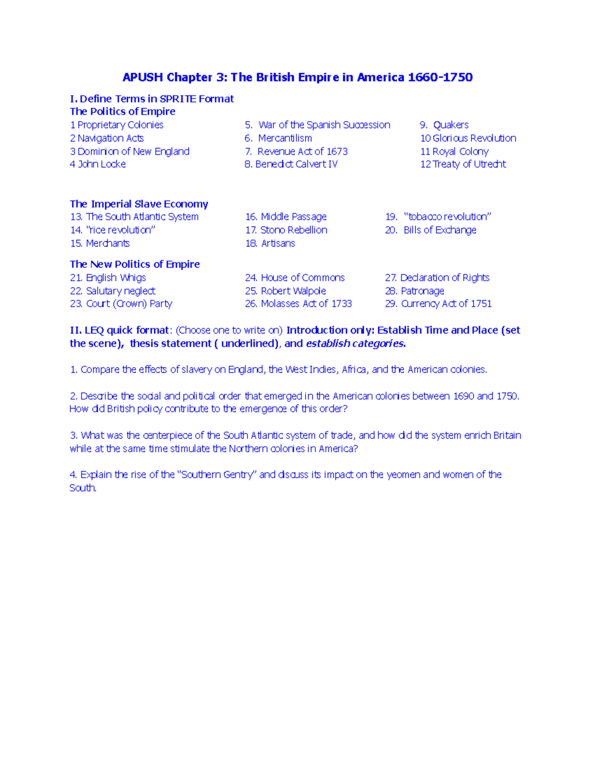 APUSH Ch 3: Key Notes on the British Empire in America (1660-1750 ...