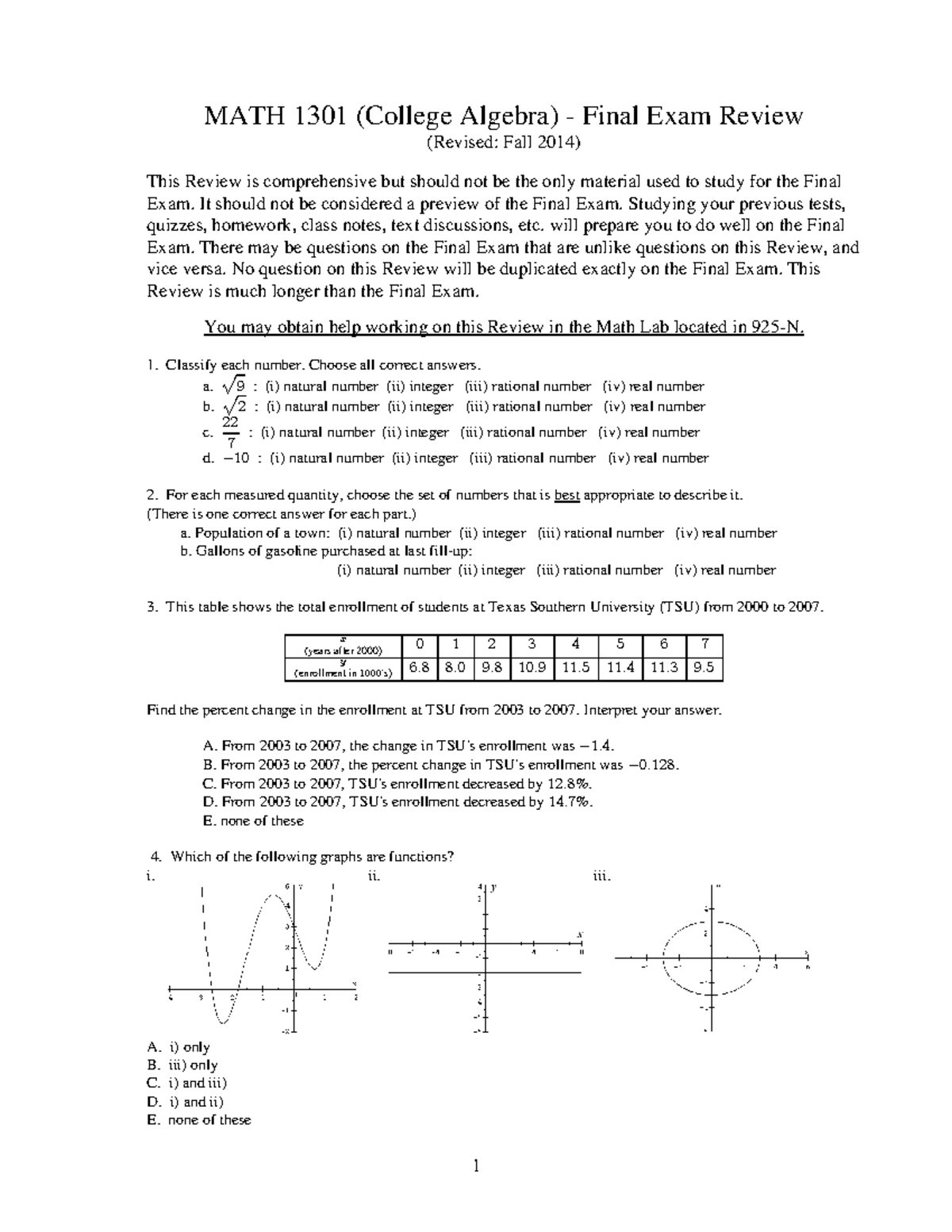 MATH 1301 Comprehensive Final Exam Review Guide (Fall 2014) - Studocu