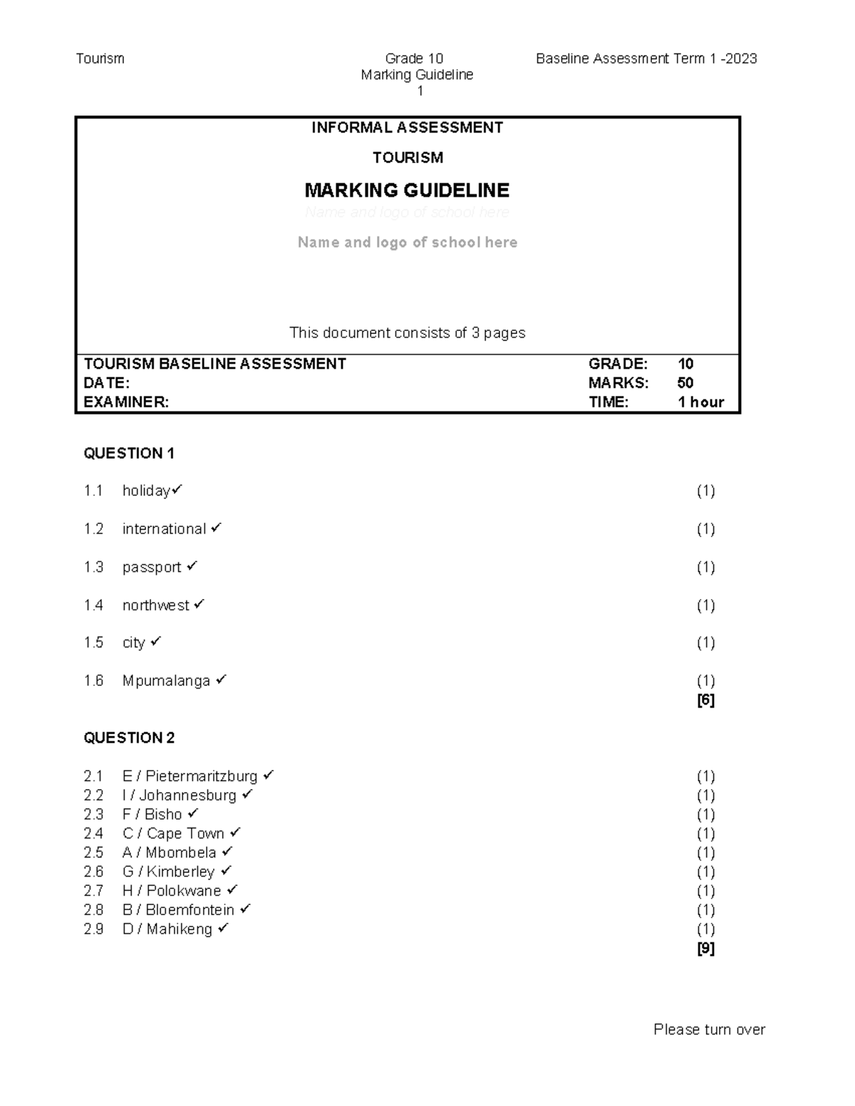 Tourism Grade 10 Baseline Assessment Marking Guideline Term 1 2023 ...