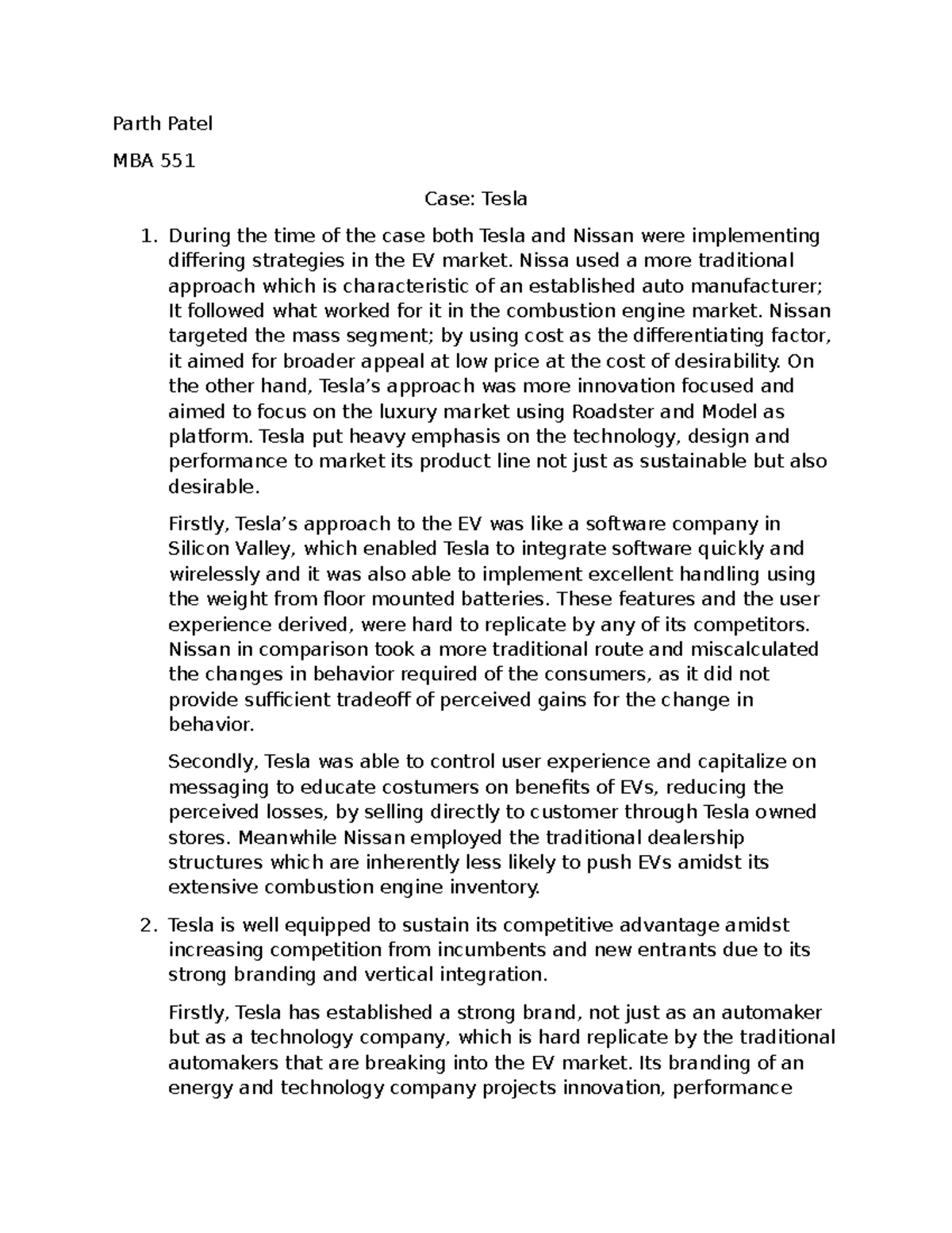 Tesla MBA 551 case study: Strategies of Tesla vs. Nissan in the EV ...