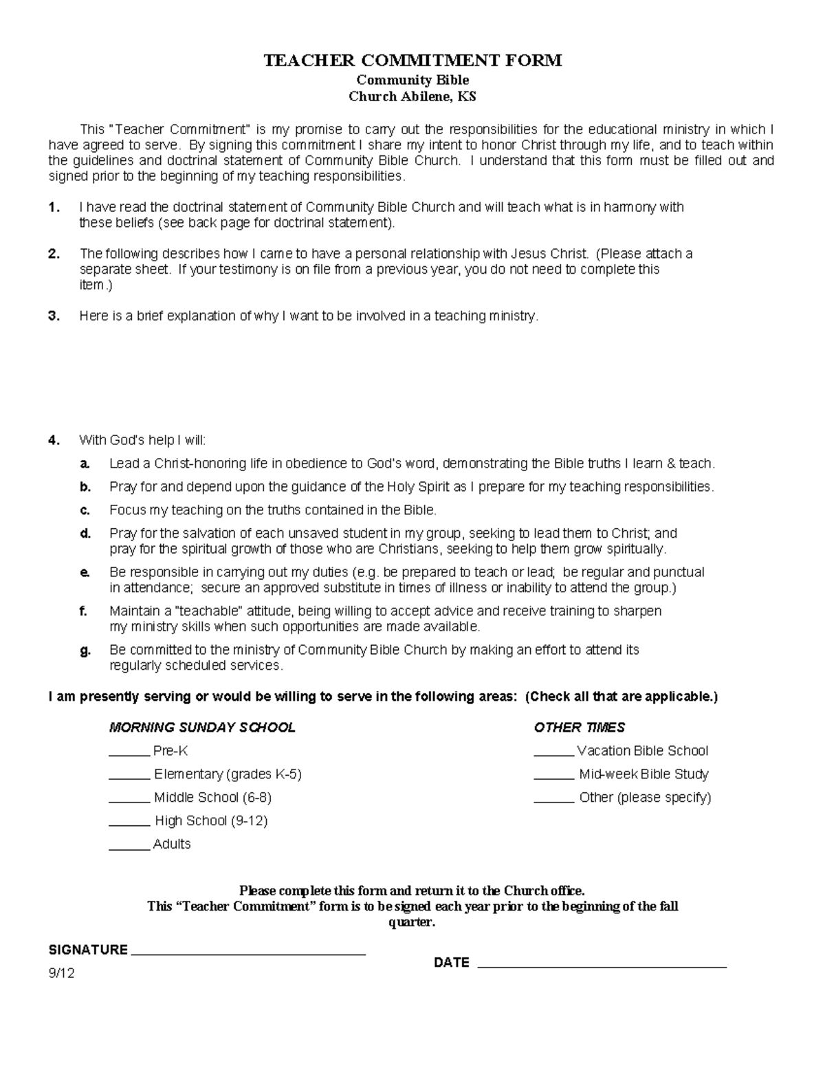 Teacher Commitment Form for Community Bible Church - Studocu