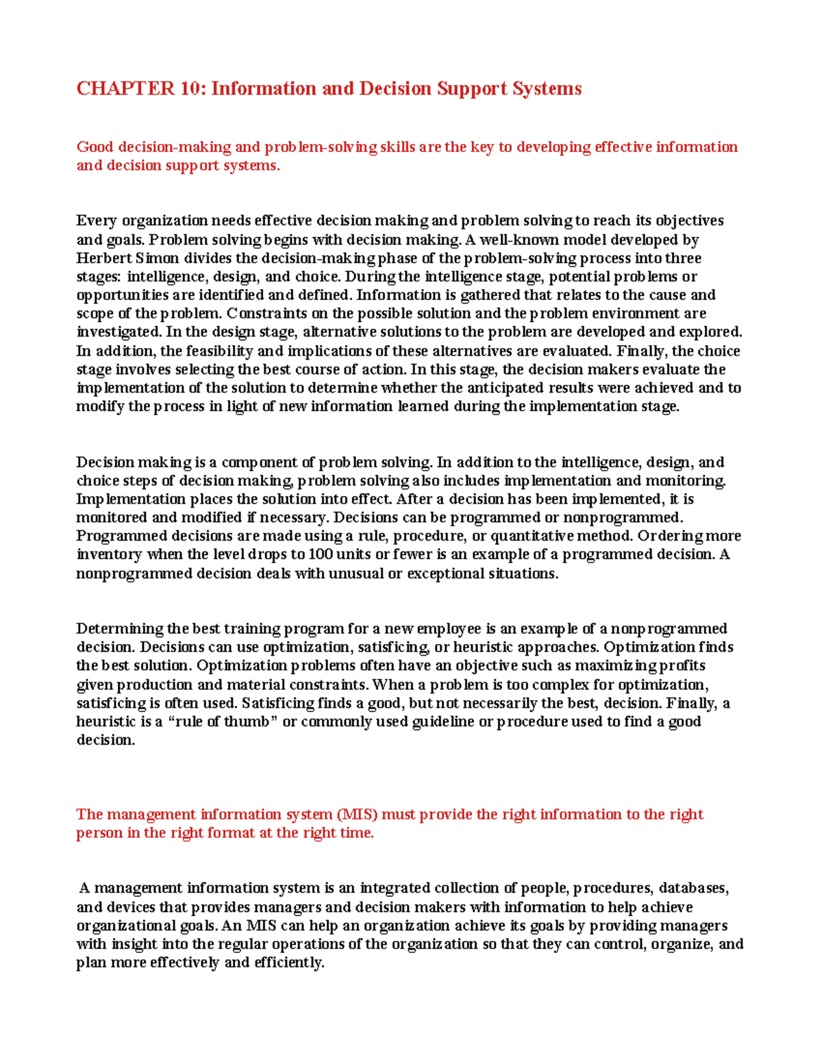 Chapter 10 Information AND Decision Support Systems - CHAPTER 10 ...