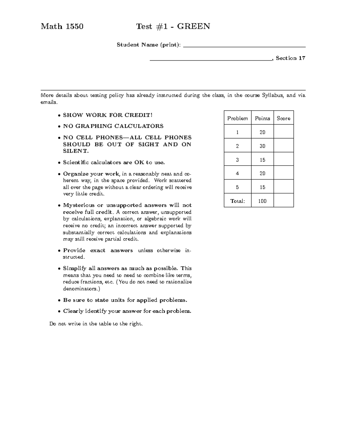 Math 1550 Calculus 1 - Math 1550 Test #1 - GREEN Student Name (print ...