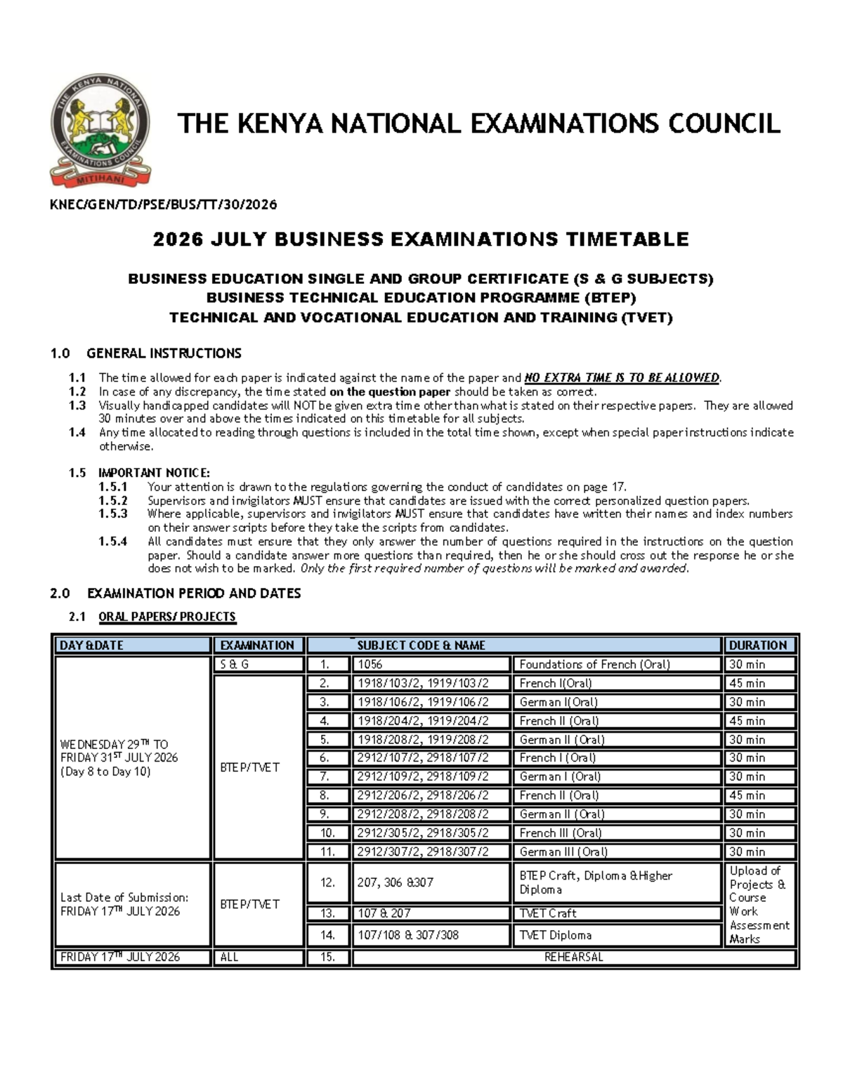 2026 July Business Examinations Timetable (BTEP & TVET) - Studocu