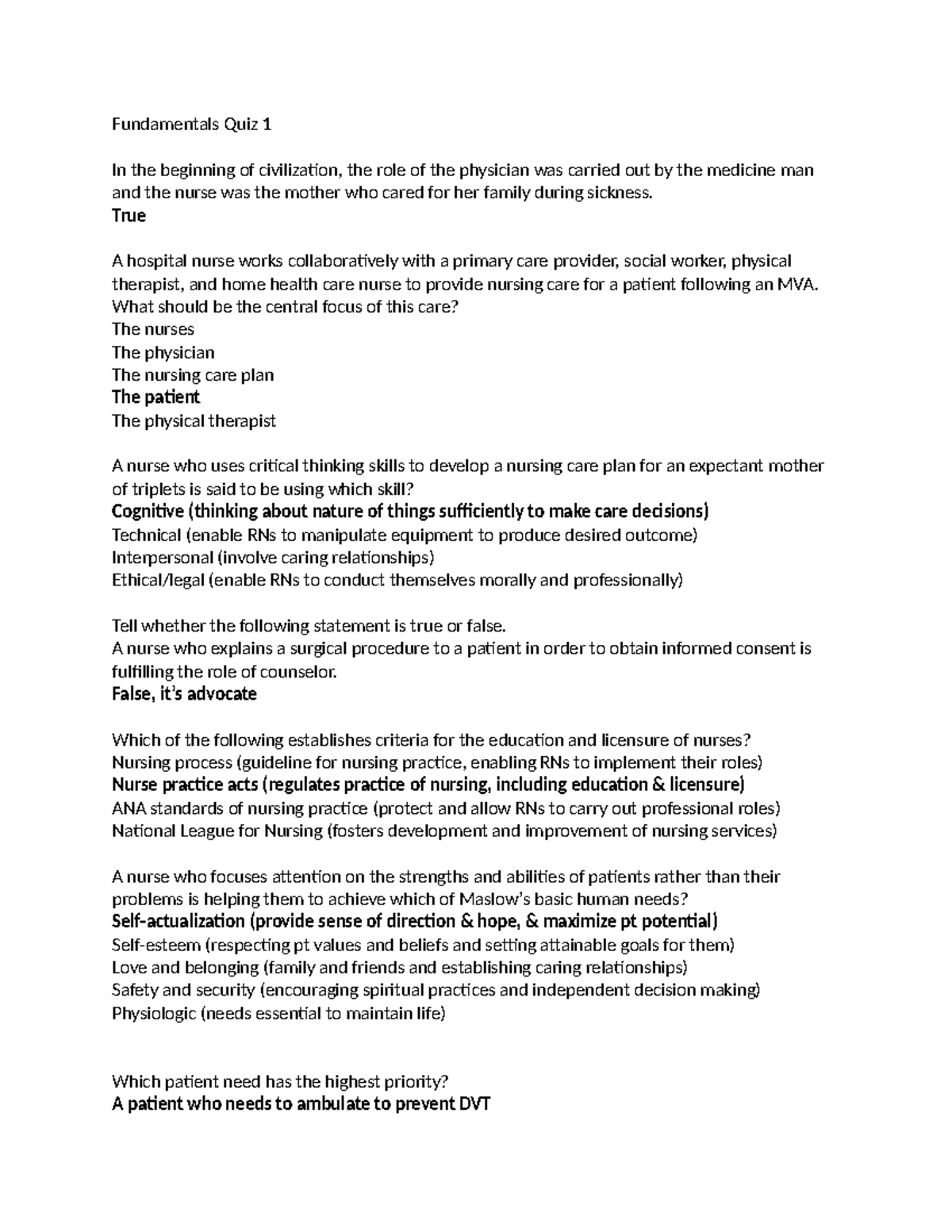 Fundamentals Quiz 1 - Study Guide for Nursing Care Concepts - Studocu