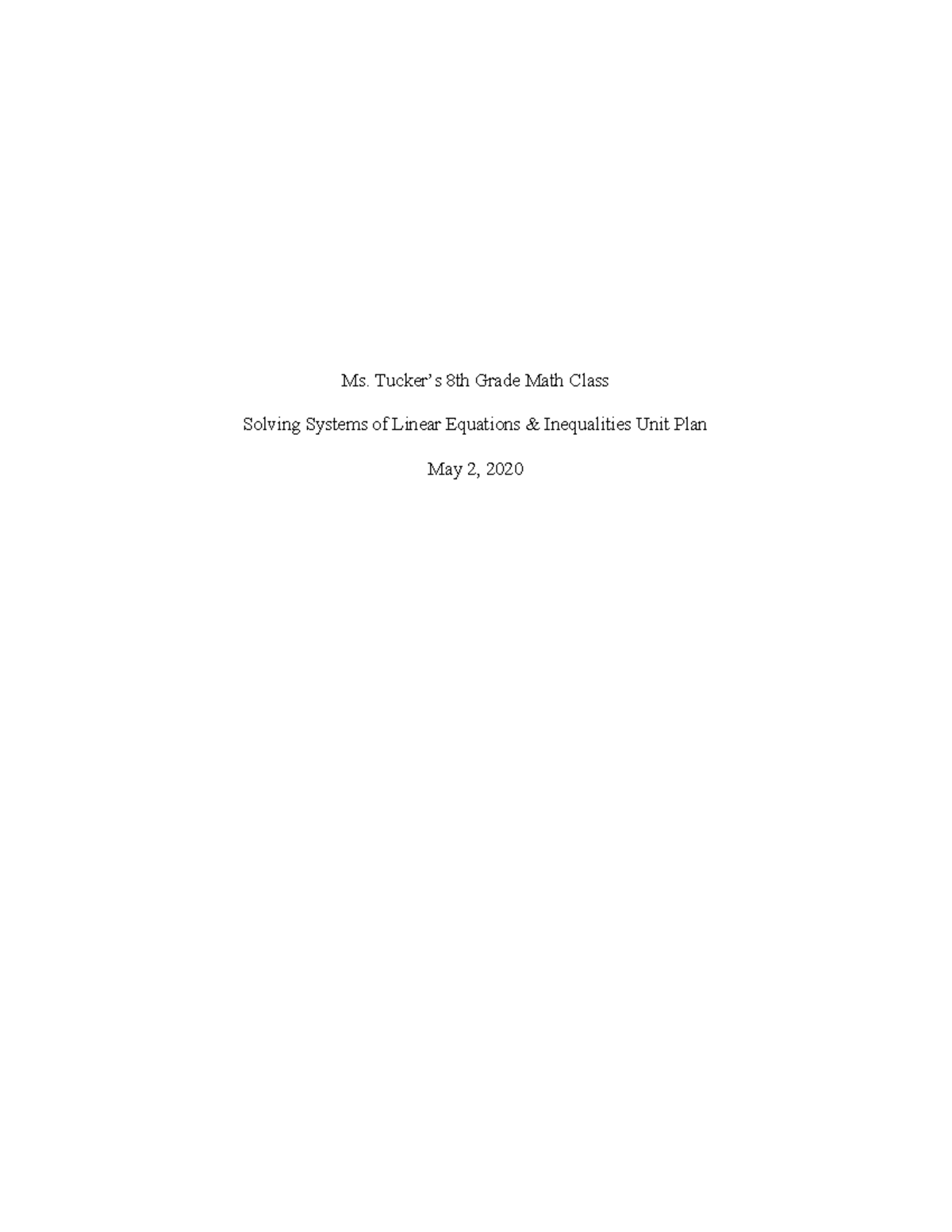 8th Grade Math Unit Plan: Solving Systems of Linear Equations ...