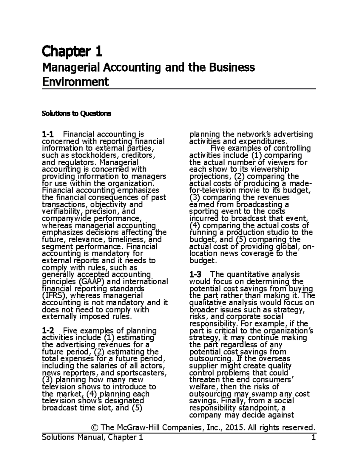 Managerial Accounting (FIN 202) - Solutions for Chapter 1 Exercises ...