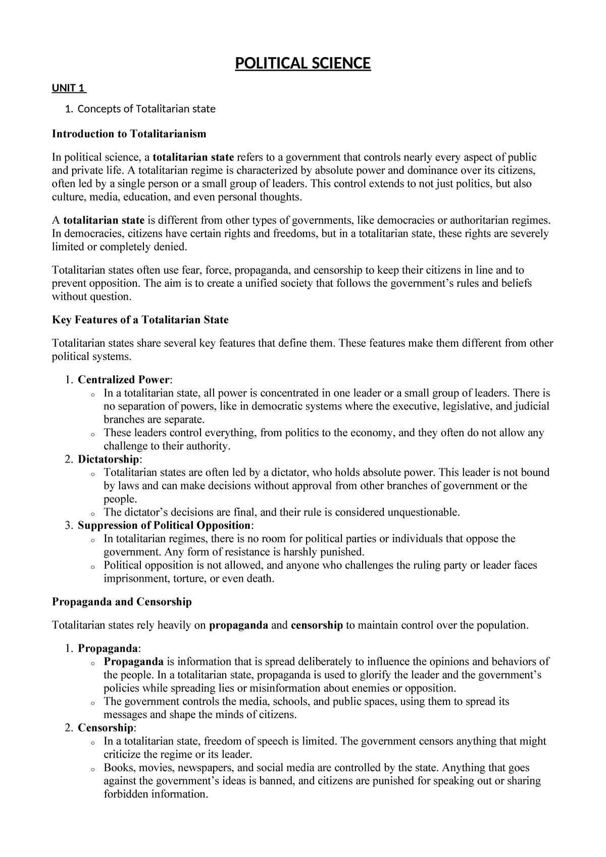 POLITICAL SCIENCE UNIT 1: Concepts of Totalitarianism and Democracy ...