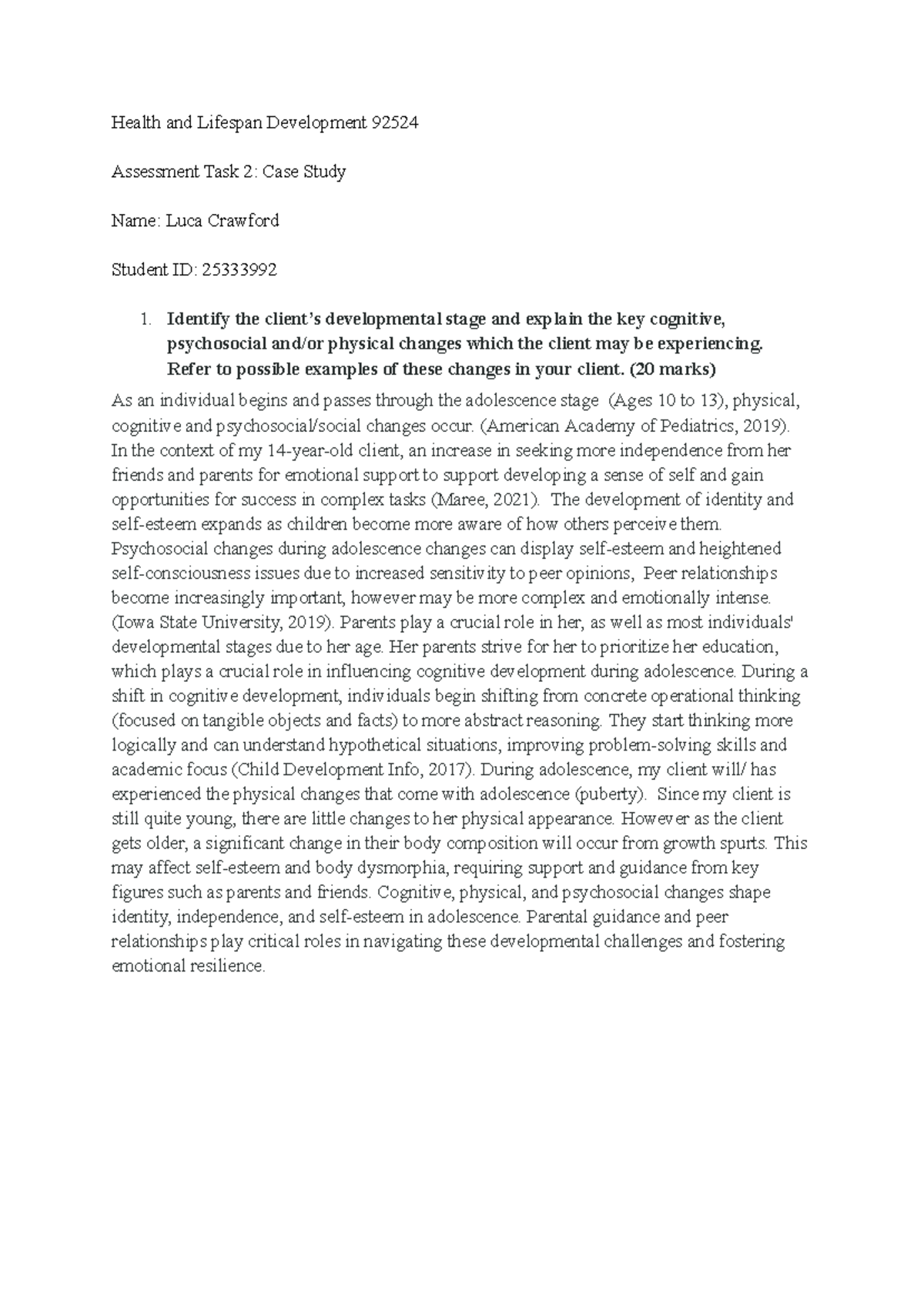 Health and Lifespan Development 92524: Case Study on Adolescent Changes ...