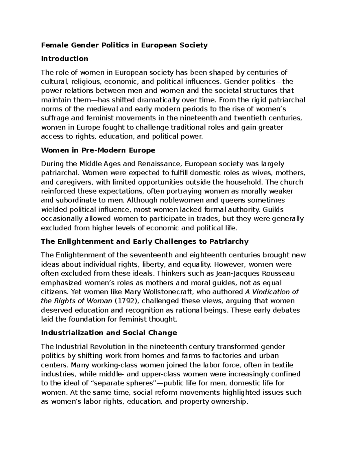 Female Gender Politics in Europe: Historical Perspectives and Changes ...