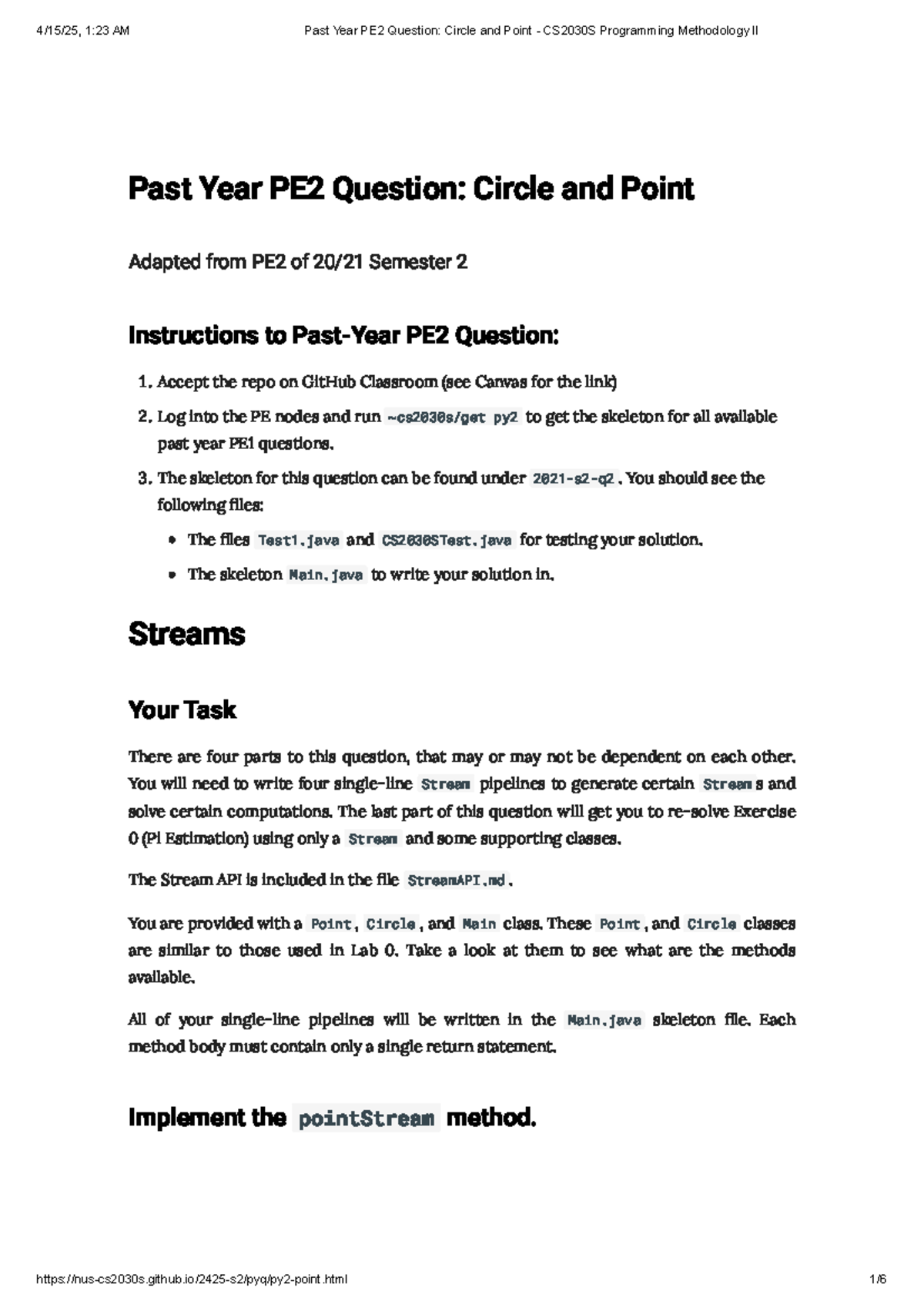 Past Year PE2 Question: Circle and Point - CS2030S Programming ...
