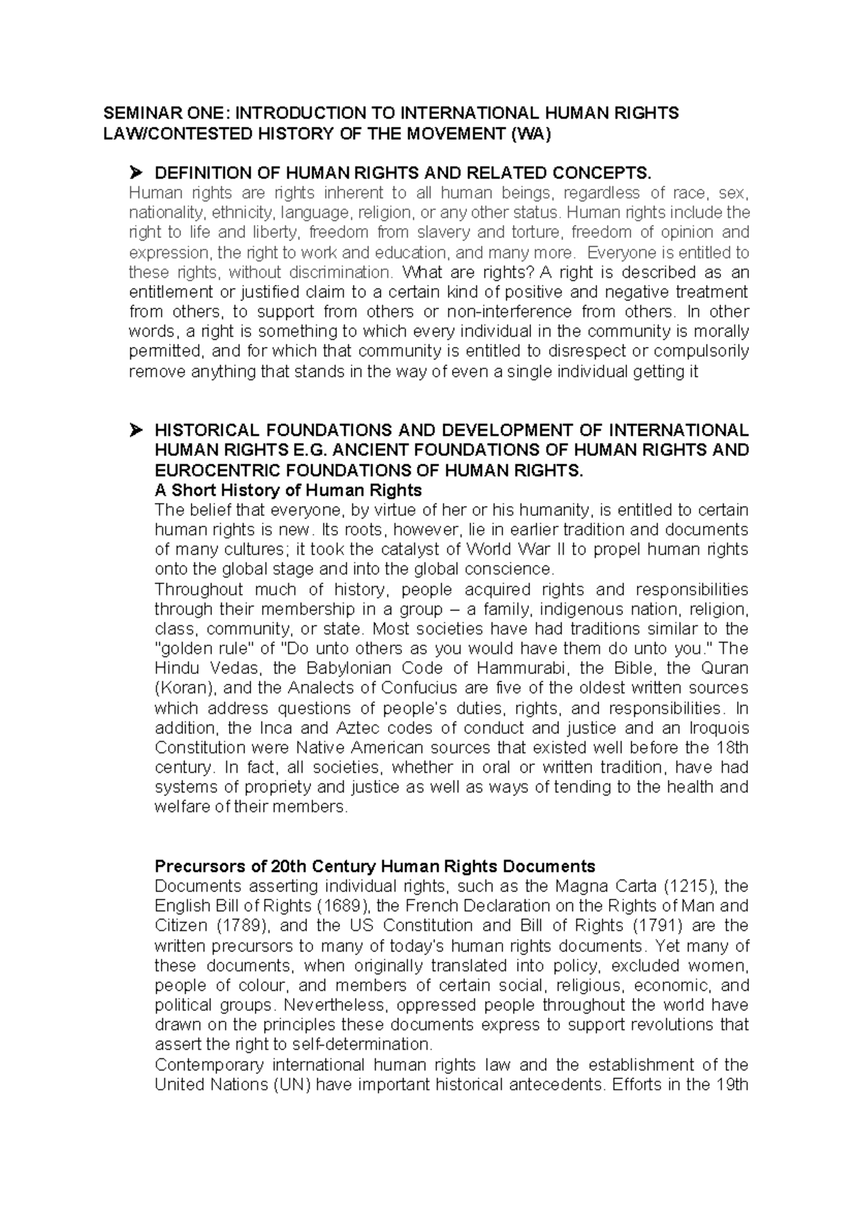 Summary of International Human Rights Law - Seminar 1 (IHR 101) - Studocu