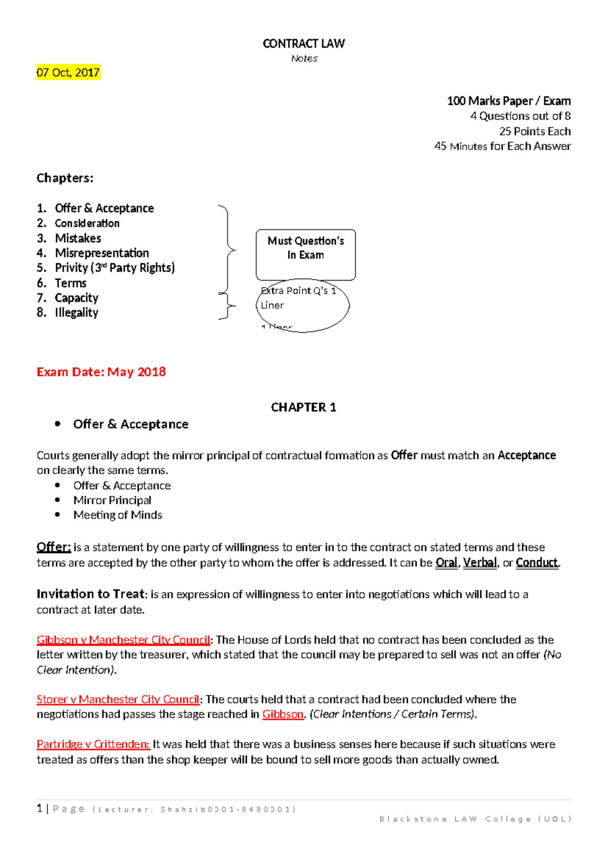 CONTRACT LAW (UOL) Final Exam Notes - Key Concepts & Cases - Studocu
