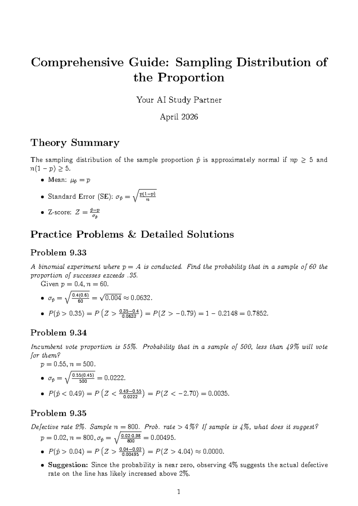 Sampling Distribution of Proportion Exercises: Theory & Practice - Studocu