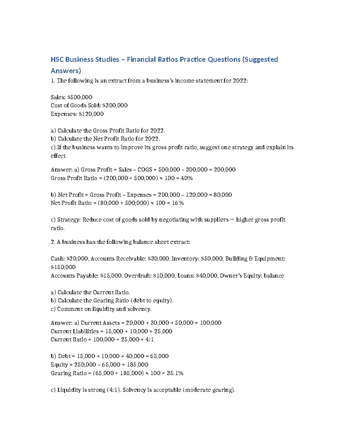 HSC Business Studies Year 12 Financial Ratios Practice Answers - Studocu