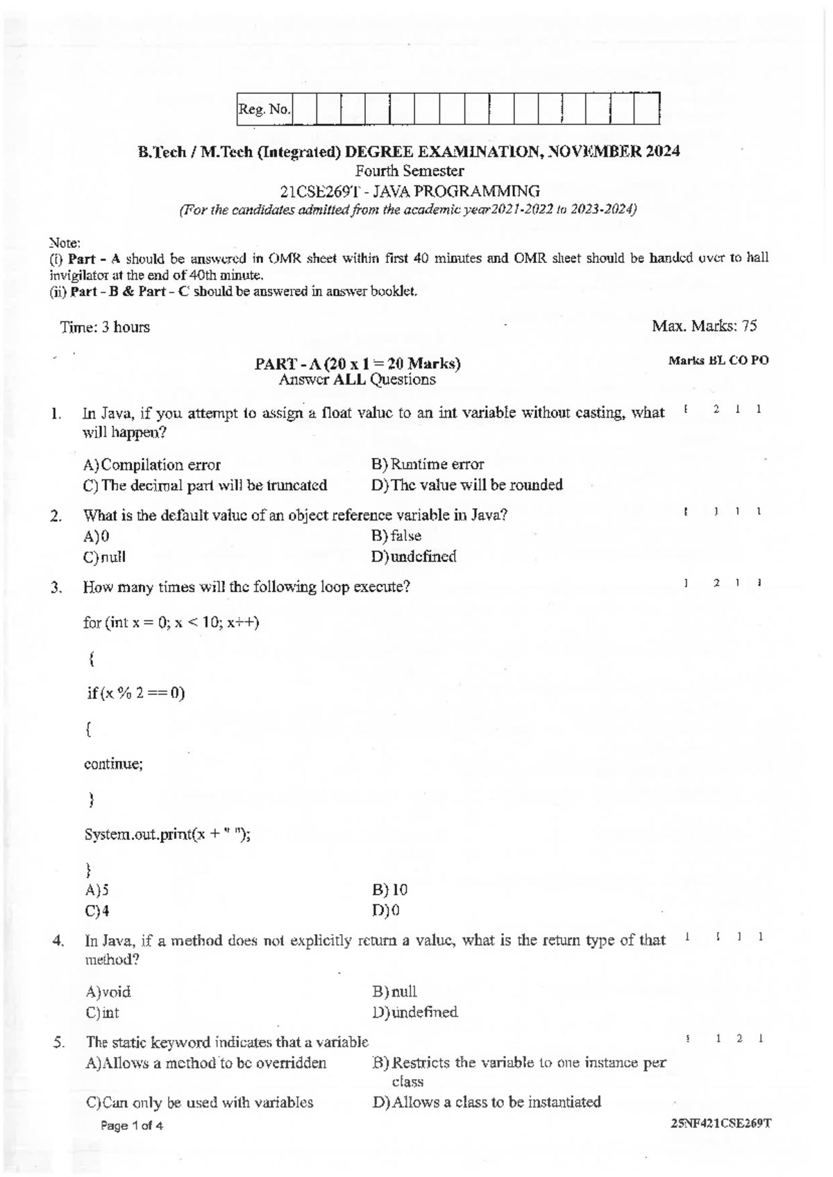 21CSE269T JAVA PROGRAMMING FINAL EXAMINATION NOVEMBER 2024 - Studocu