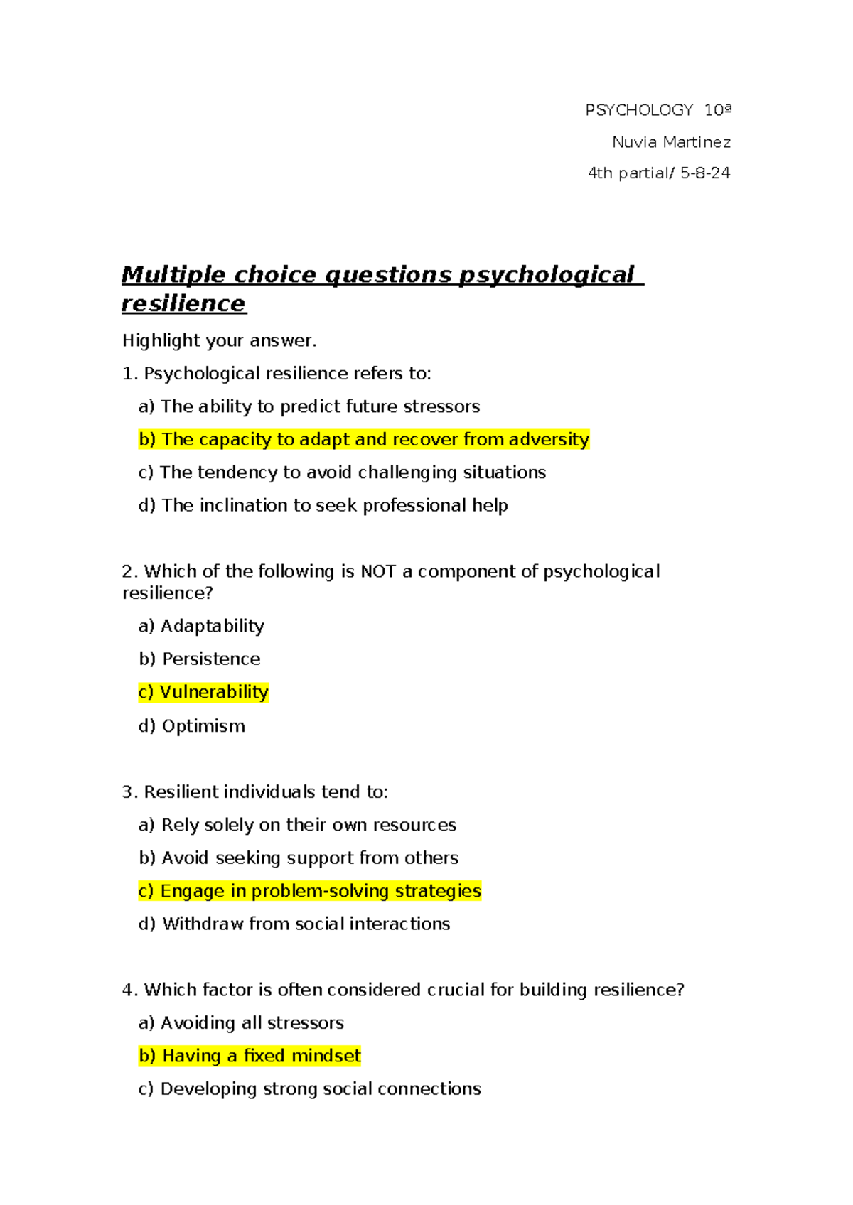 PSYCHOLOGY 10ª Multiple Choice Questions on Psychological Resilience ...
