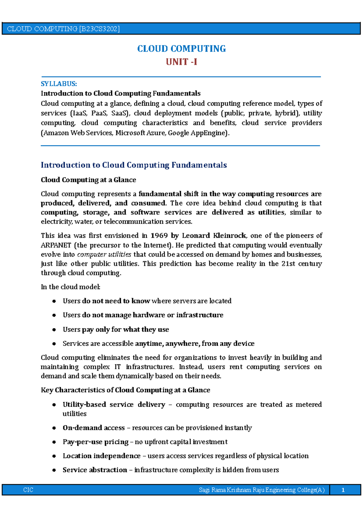 CIC R23 Cloud Computing Unit 1 Lecture Notes: Fundamentals & Models ...