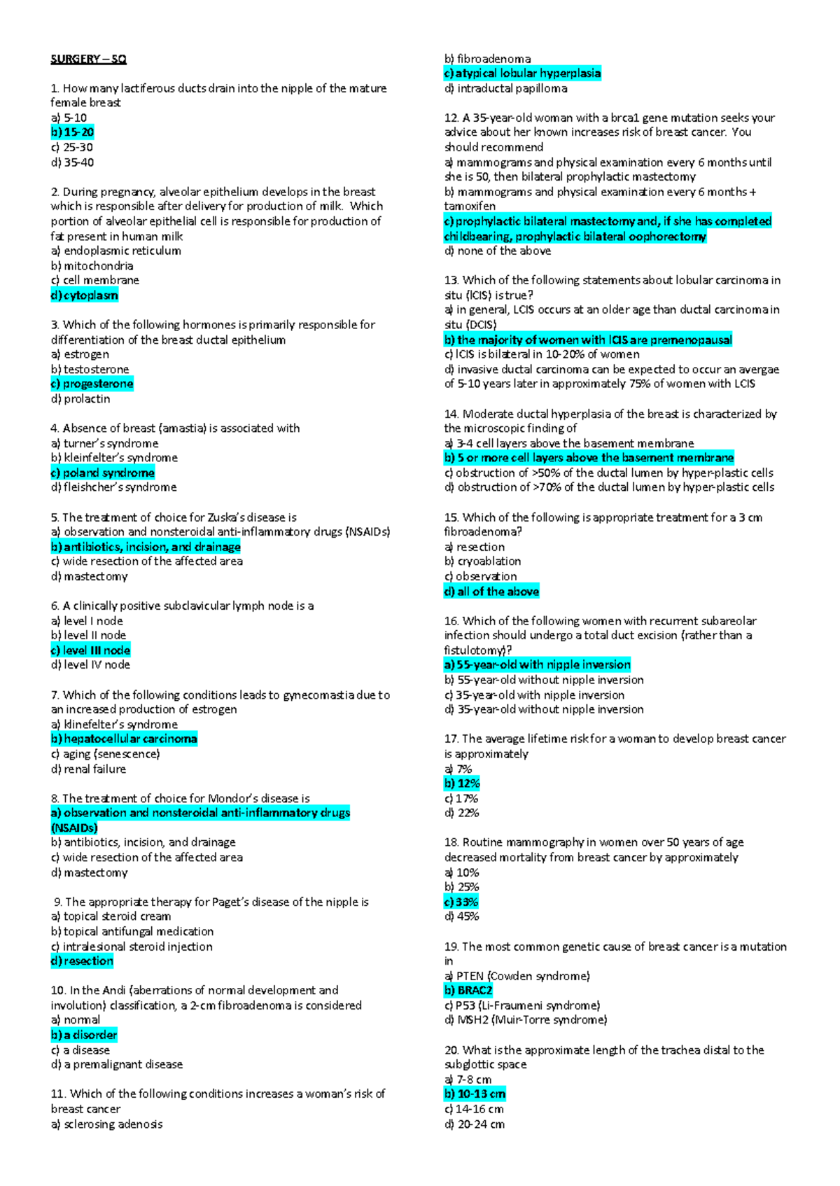 Surgery sample questions - SURGERY – SQ How many lactiferous ducts ...