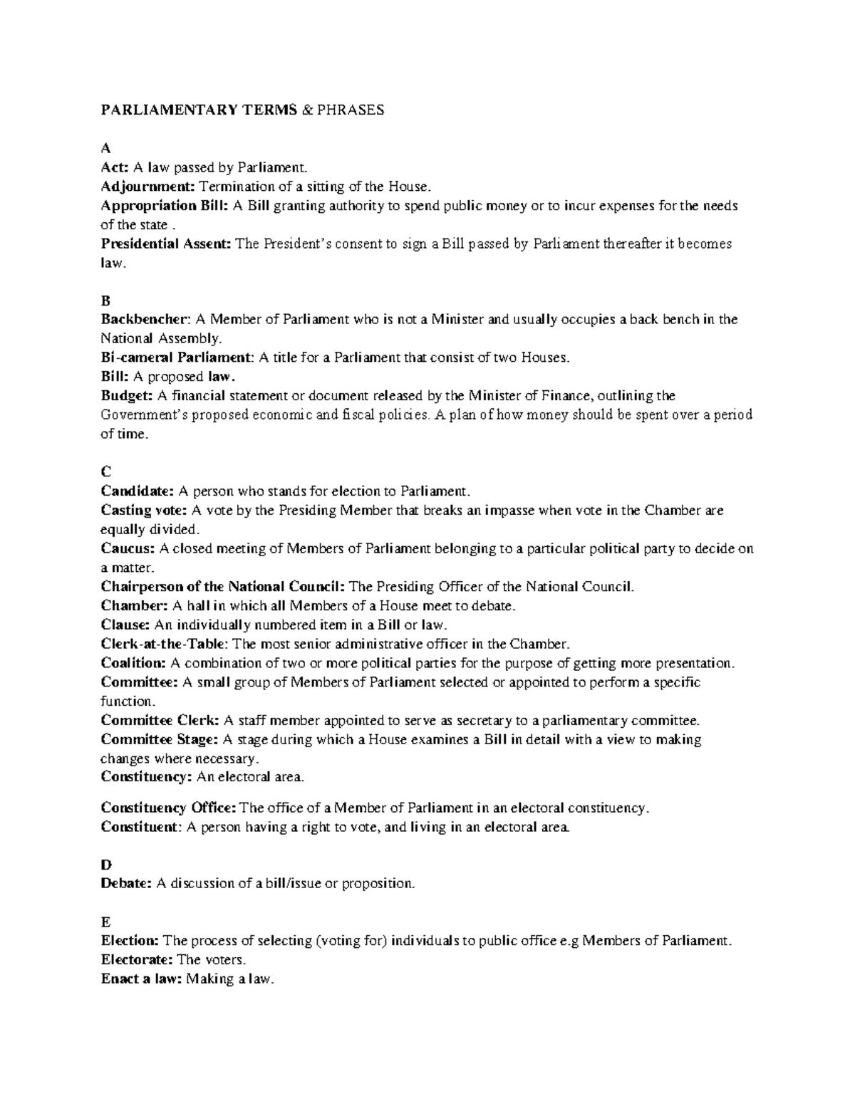 Parliamentary Terms & Definitions: Comprehensive Study Notes - Studocu