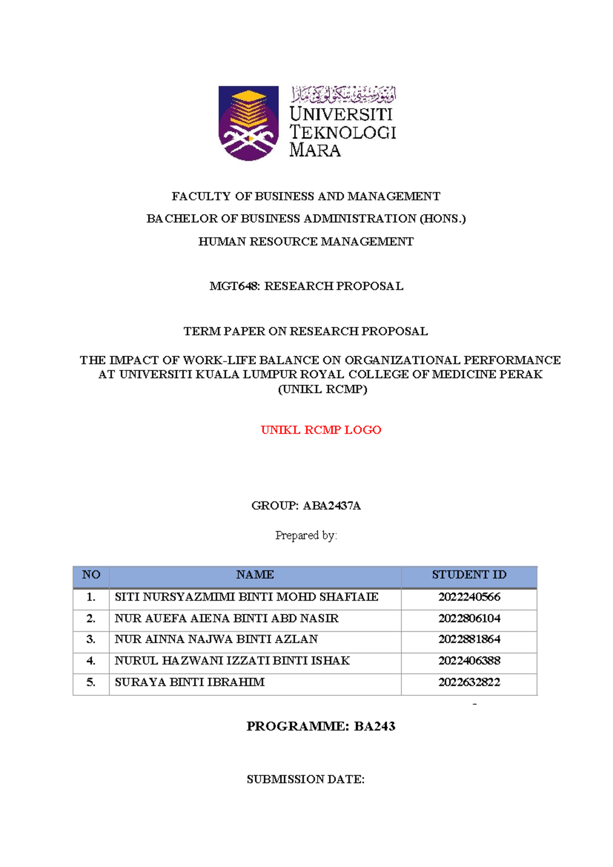 MGT648 Research Proposal: Impact of Work-Life Balance on UNIKL RCMP ...