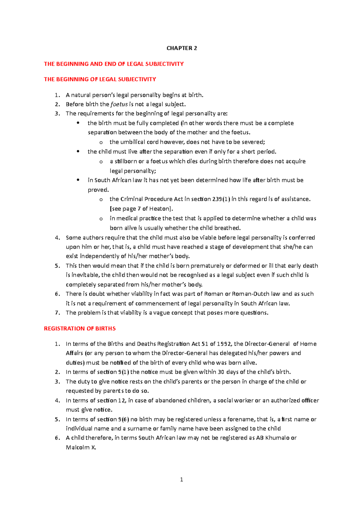 LAW OF Persons - Chapter 2: Legal Subjectivity and Birth Registration ...