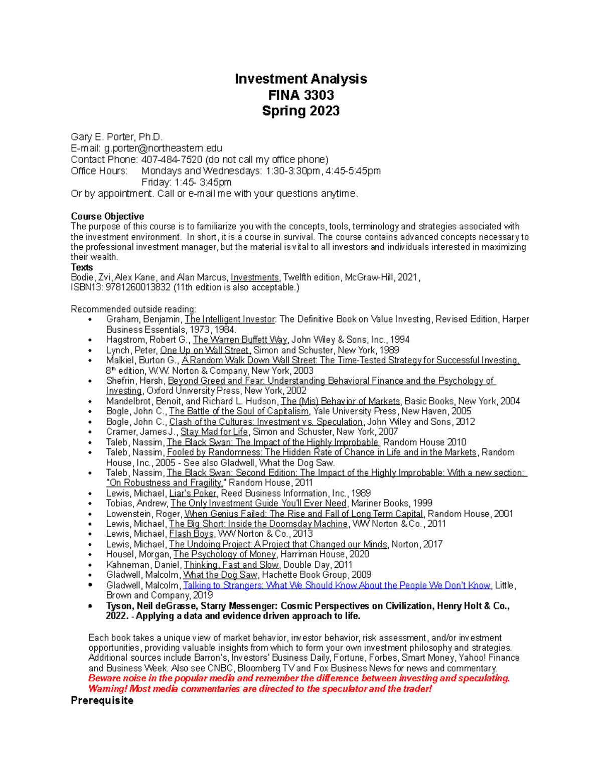 FINA 3303 Spring 2023 Investment Analysis Course Syllabus - Studocu