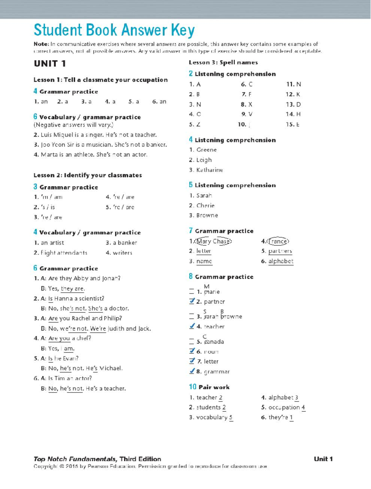 Student Book Answer Key: Top Notch Fundamentals Guide - Studocu