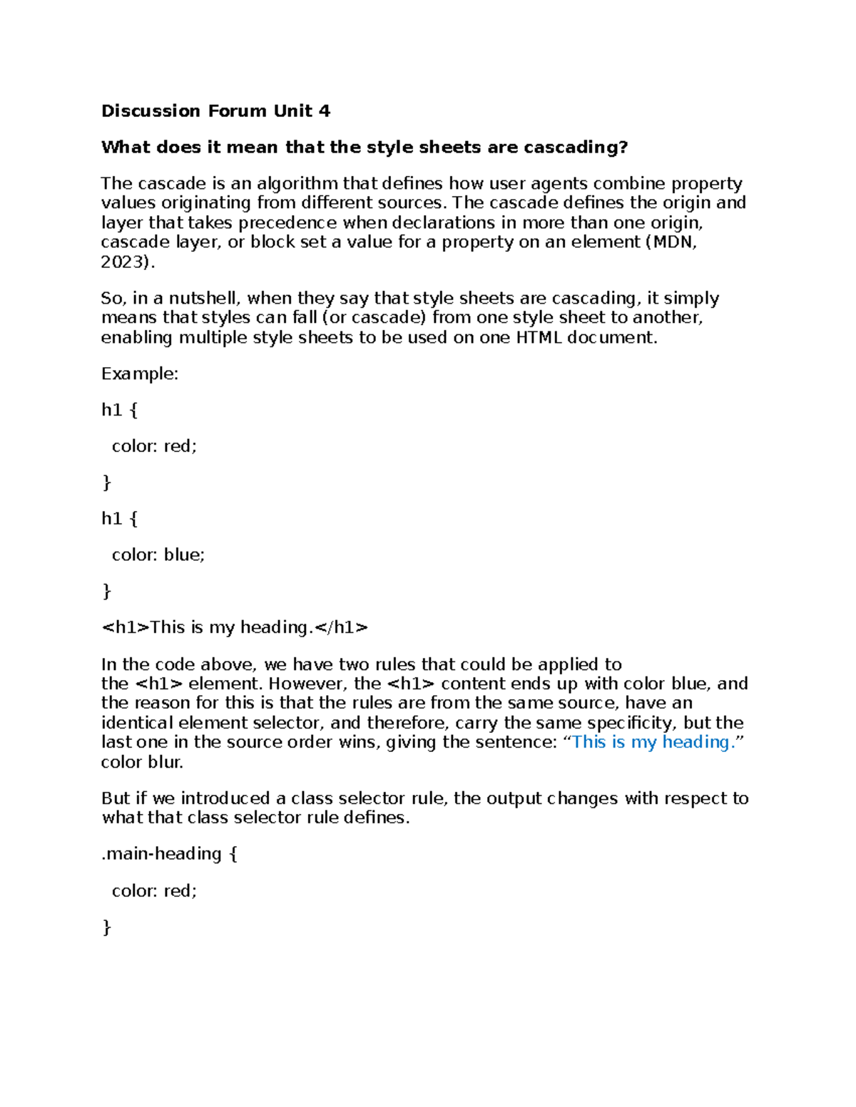 Discussion Forum Unit 4: Understanding Cascading Style Sheets - Studocu
