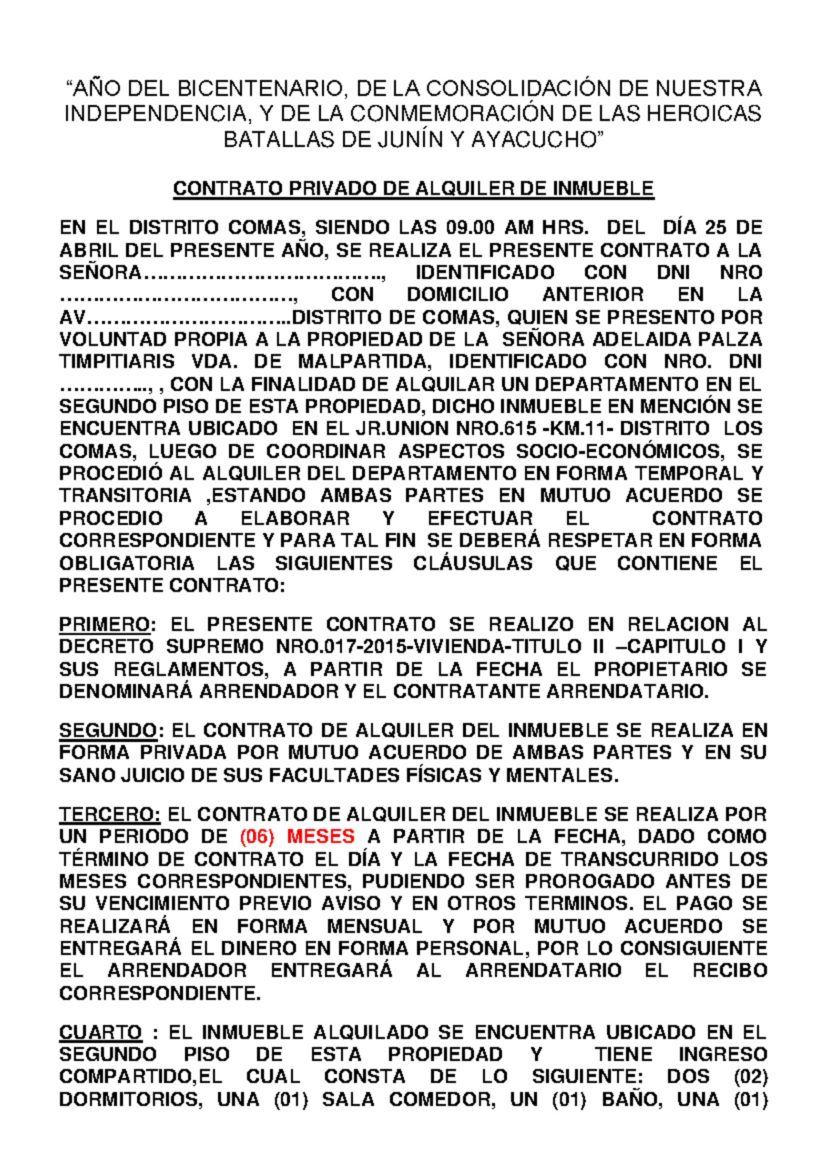 Contrato de Alquiler de Inmueble - Comas, 25 Abr 2024 - Document Preview