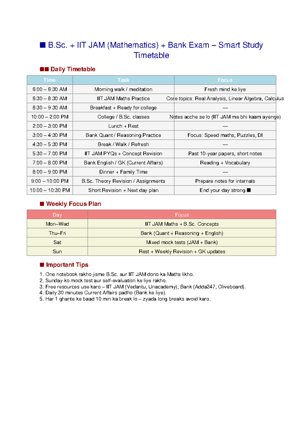 B.Sc. IIT JAM & Bank Exam Daily Study Timetable - Studocu