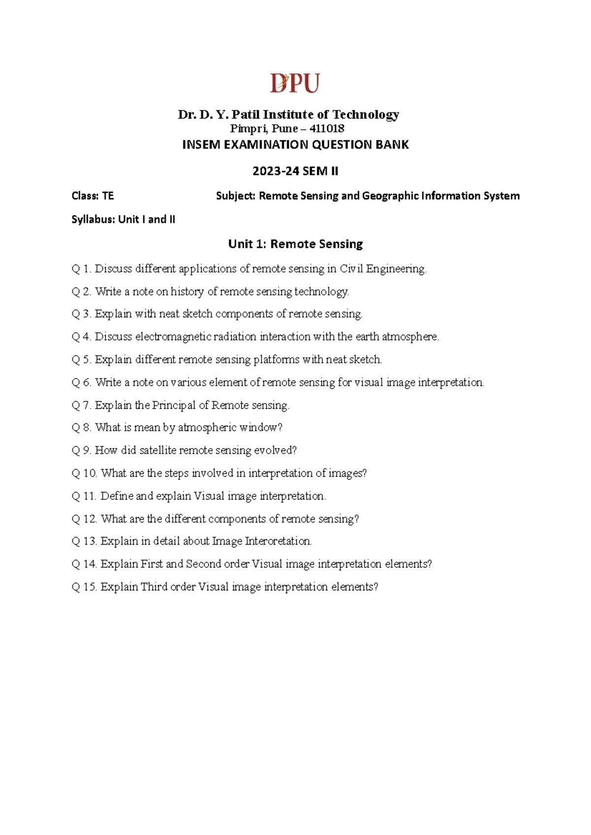 TE Remote Sensing & GIS INSEM Exam Question Bank - Sem II - Studocu