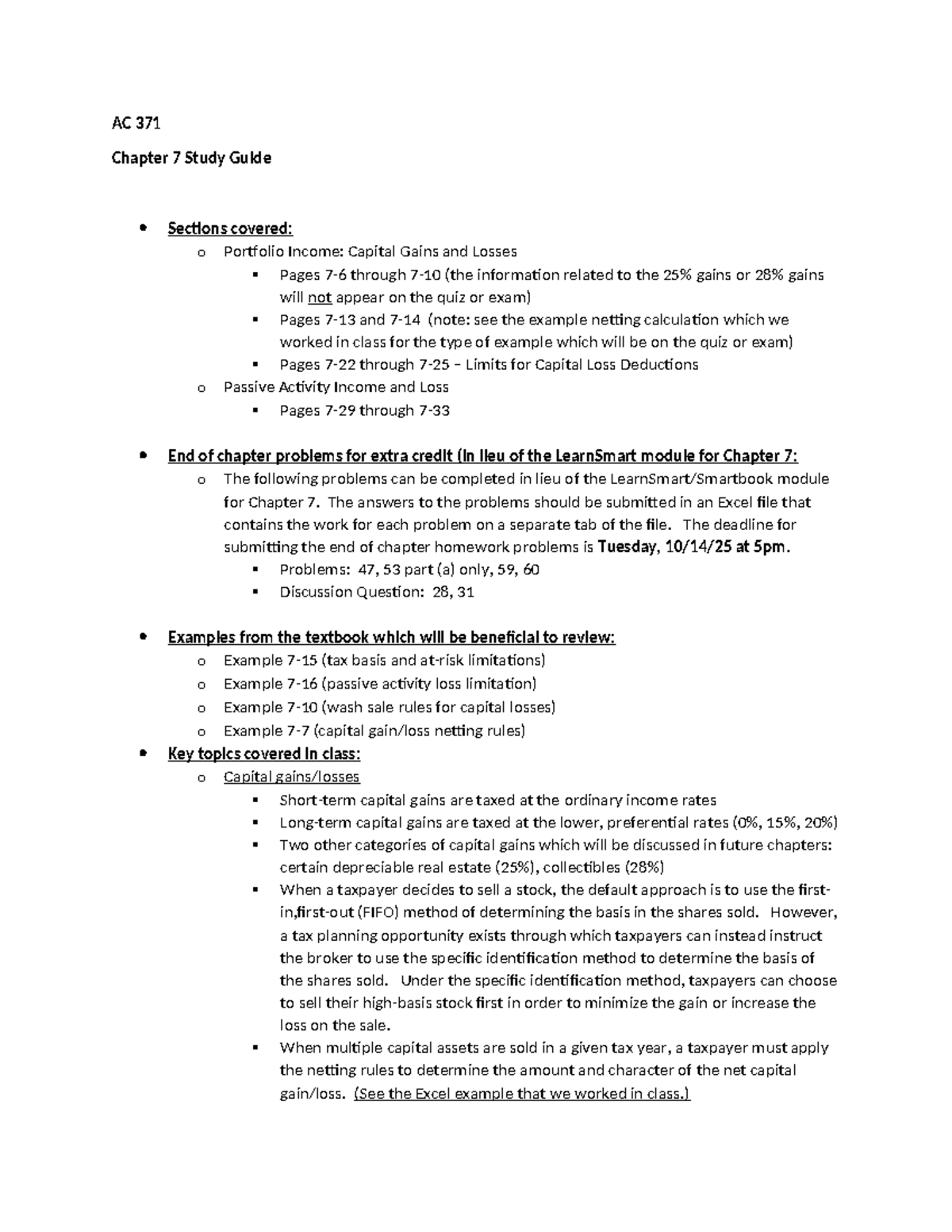 AC 371 Chapter 7 Study Guide: Portfolio Income & Capital Losses - Studocu